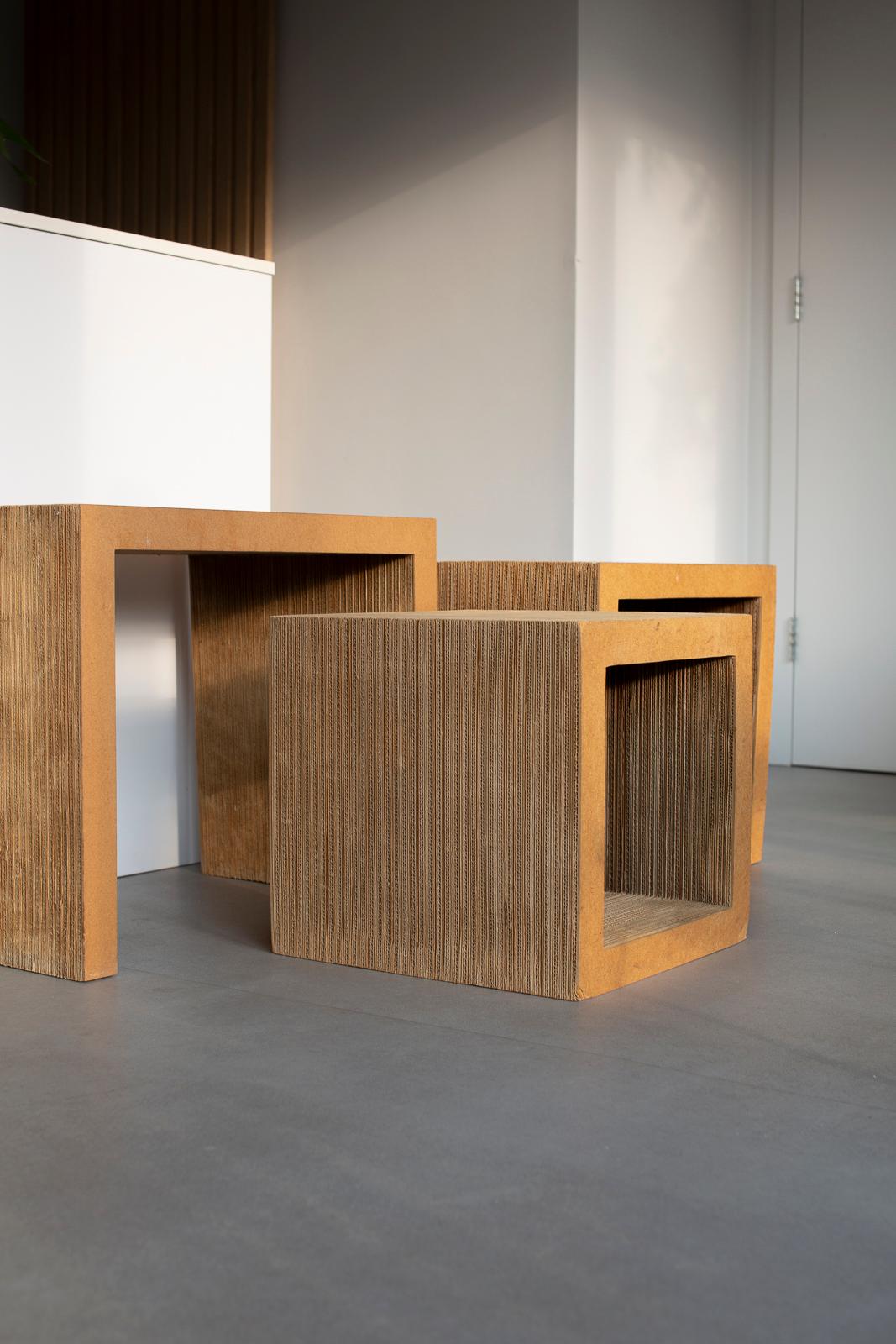 Rare set of Frank Gehry nesting tables. In good vintage conditions, signs of use.