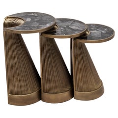 Set of 3 Nesting Tables in Black Quartz with Bronze Patina Brass by R&Y Augousti