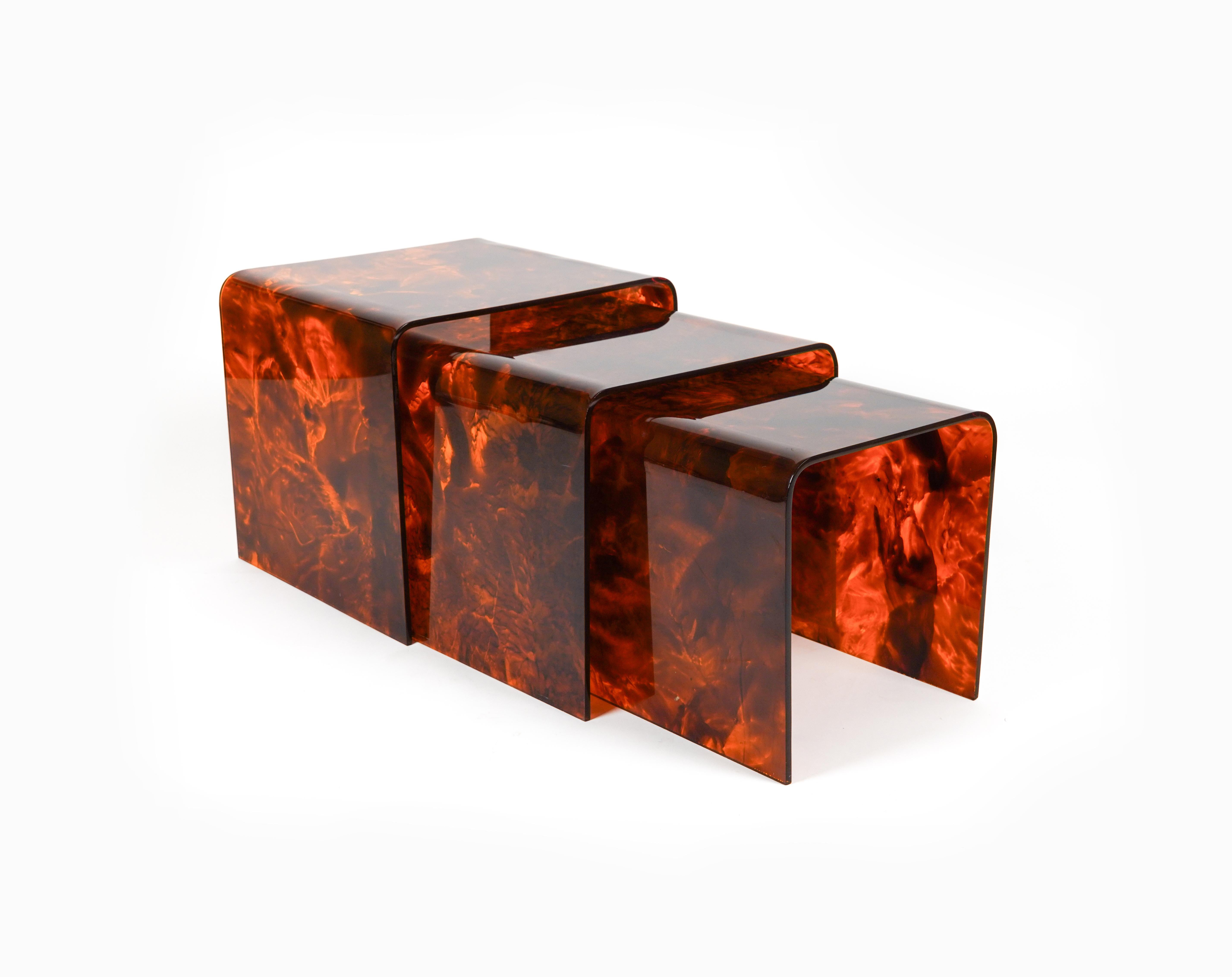 Set of 3 Nesting Tables in Lucite Faux Tortoiseshell Christian Dior, Italy 1970s For Sale 3