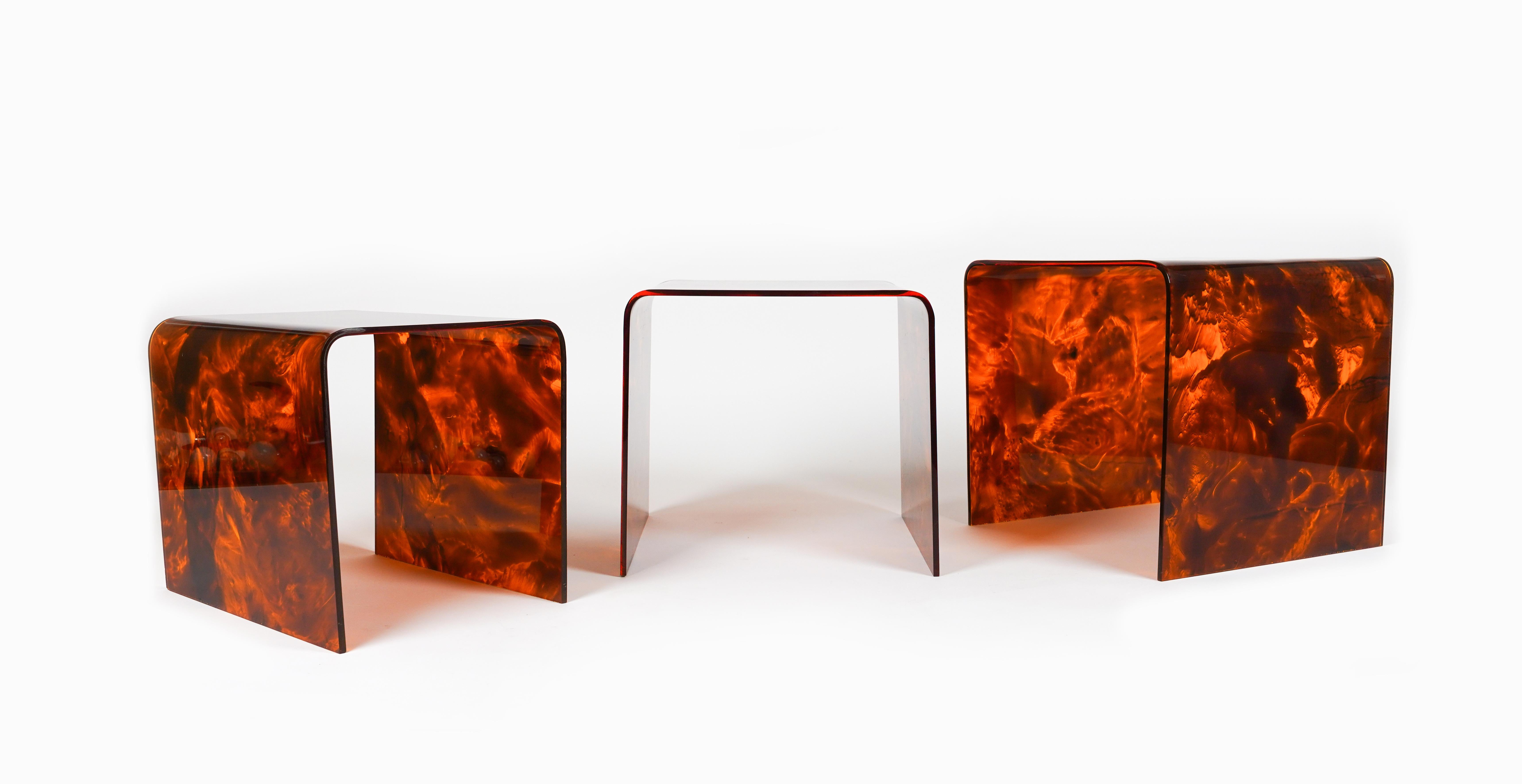 Set of 3 Nesting Tables in Lucite Faux Tortoiseshell Christian Dior, Italy 1970s For Sale 1