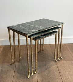 Ensemble de 3 tables gigognes en nickel & Greene & Greene avec plateau en marbre vert par Maison Jansen