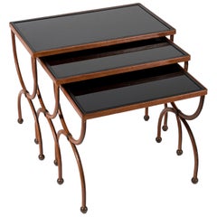 Set of 3 Nesting Tables in Stitched Leather by Jacques Adnet