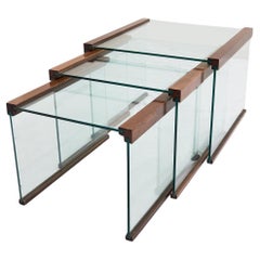 Set of 3 nesting tables in tempered glass and rosewood, Gallotti