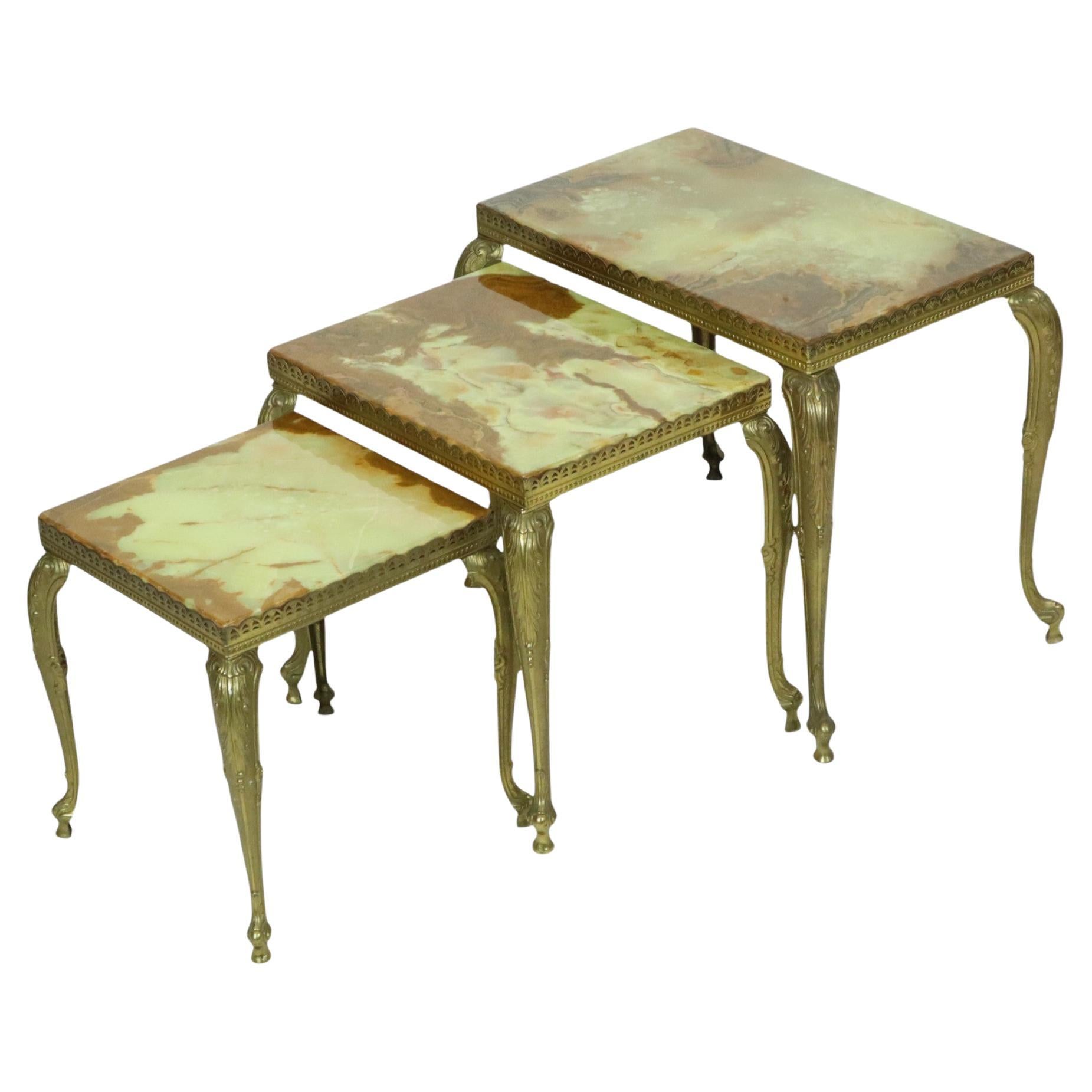 Set of 3 Nesting Tables Onyx Marble Brass Hollywood Regency