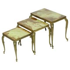 Set of 3 Nesting Tables Onyx Marble Brass Hollywood Regency