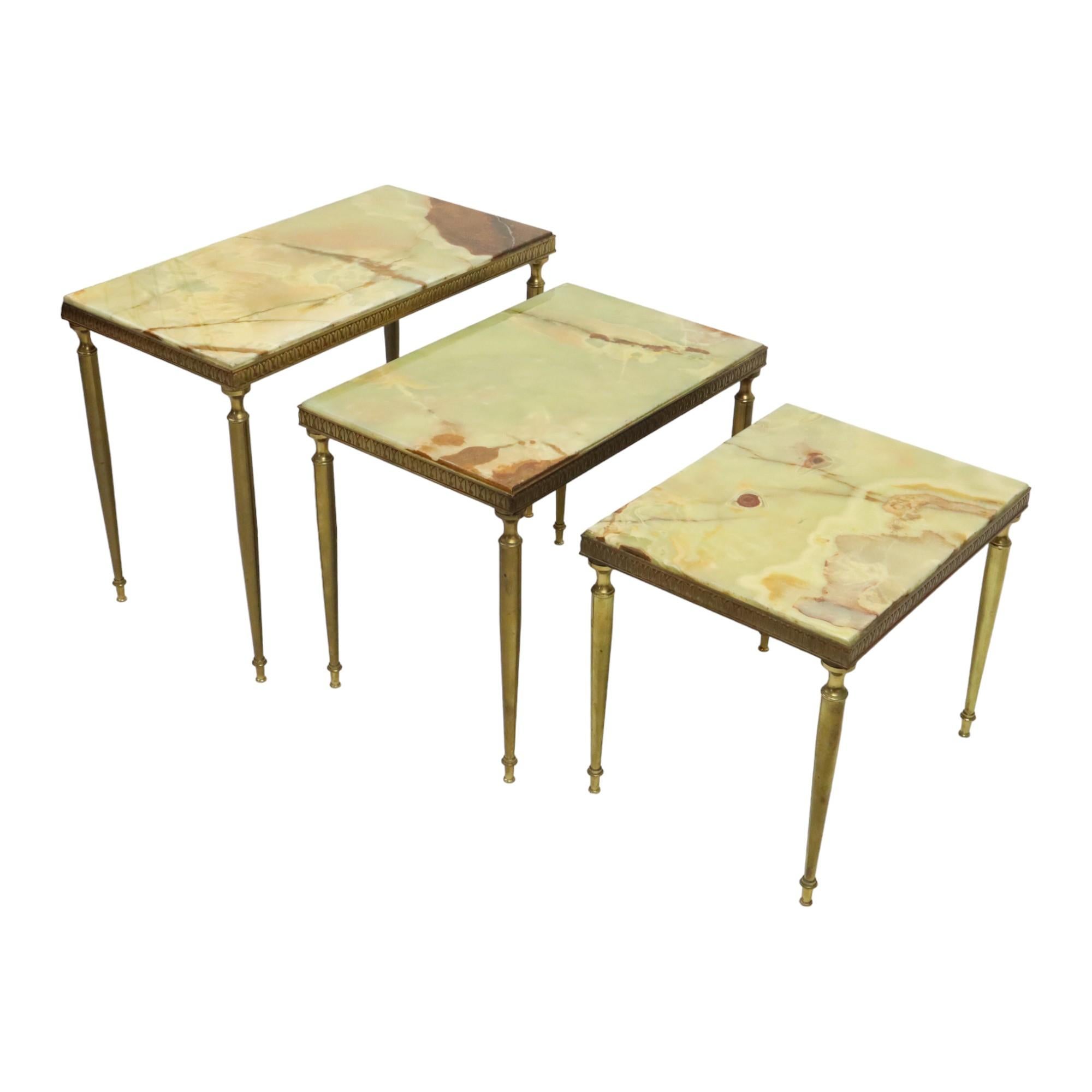Set of 3 Nesting Tables Onyx Marble Copper Frame 1950s France For Sale 7