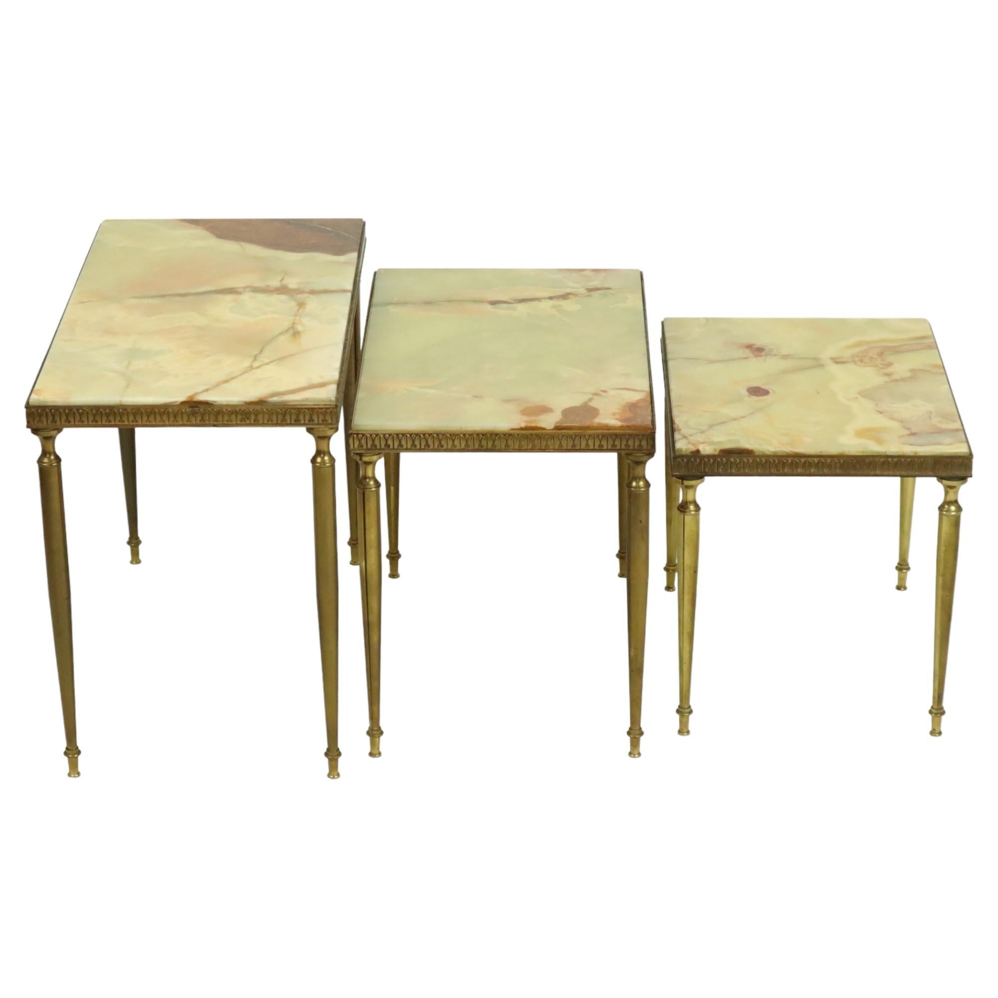 Brass Set of 3 Nesting Tables Onyx Marble Copper Frame 1950s France For Sale
