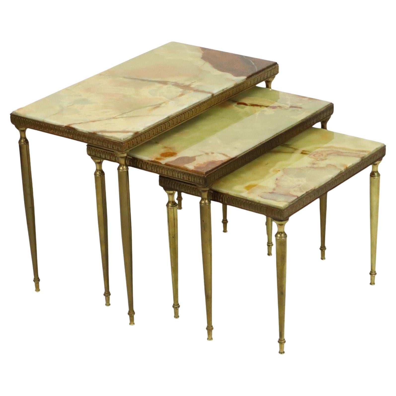 Set of 3 Nesting Tables Onyx Marble Copper Frame 1950s France For Sale