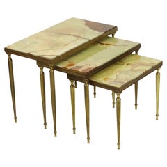 Set of 3 Nesting Tables Onyx Marble Copper Frame 1950s France