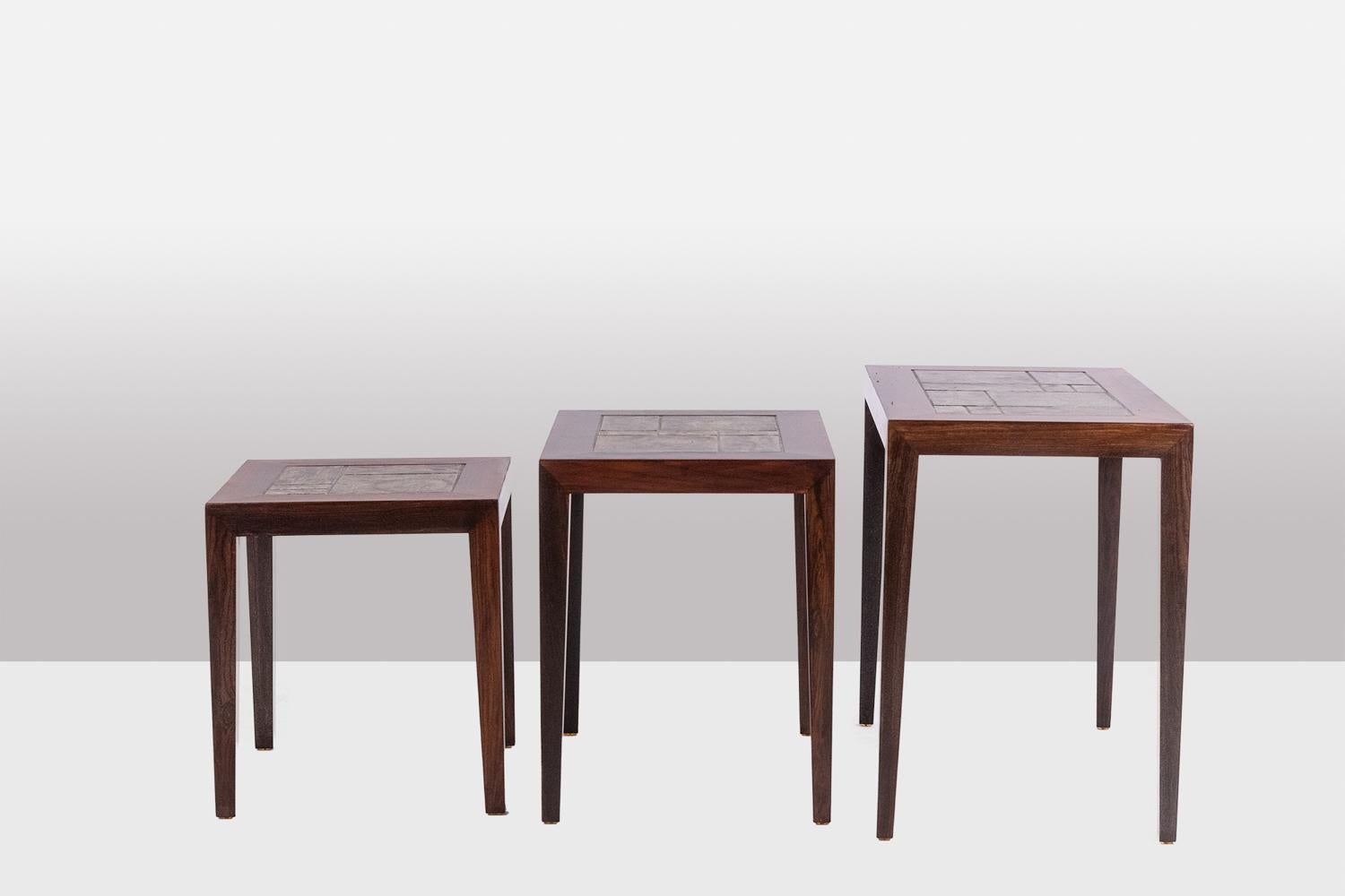 Danish Set of 3 “nesting” tables with “Baca” pattern. 1960s. For Sale