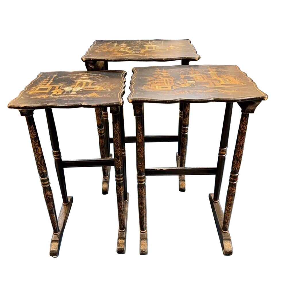 Set of 3 Nesting Tables with Chinoiserie Design