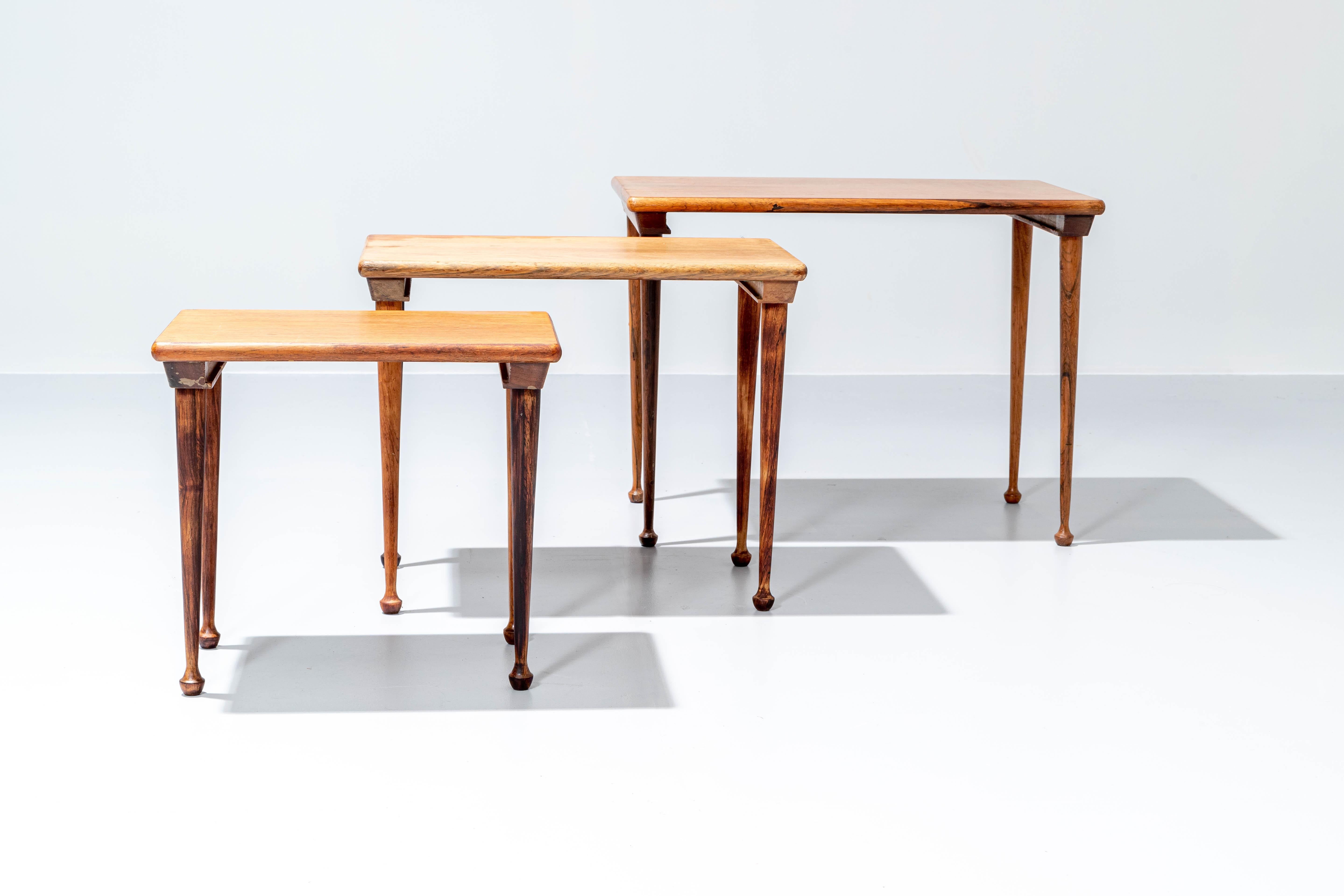 Mid-Century Modern Set of 3 Nesting Tables with Stubby Feet in Rosewood, Denmark, 1960's