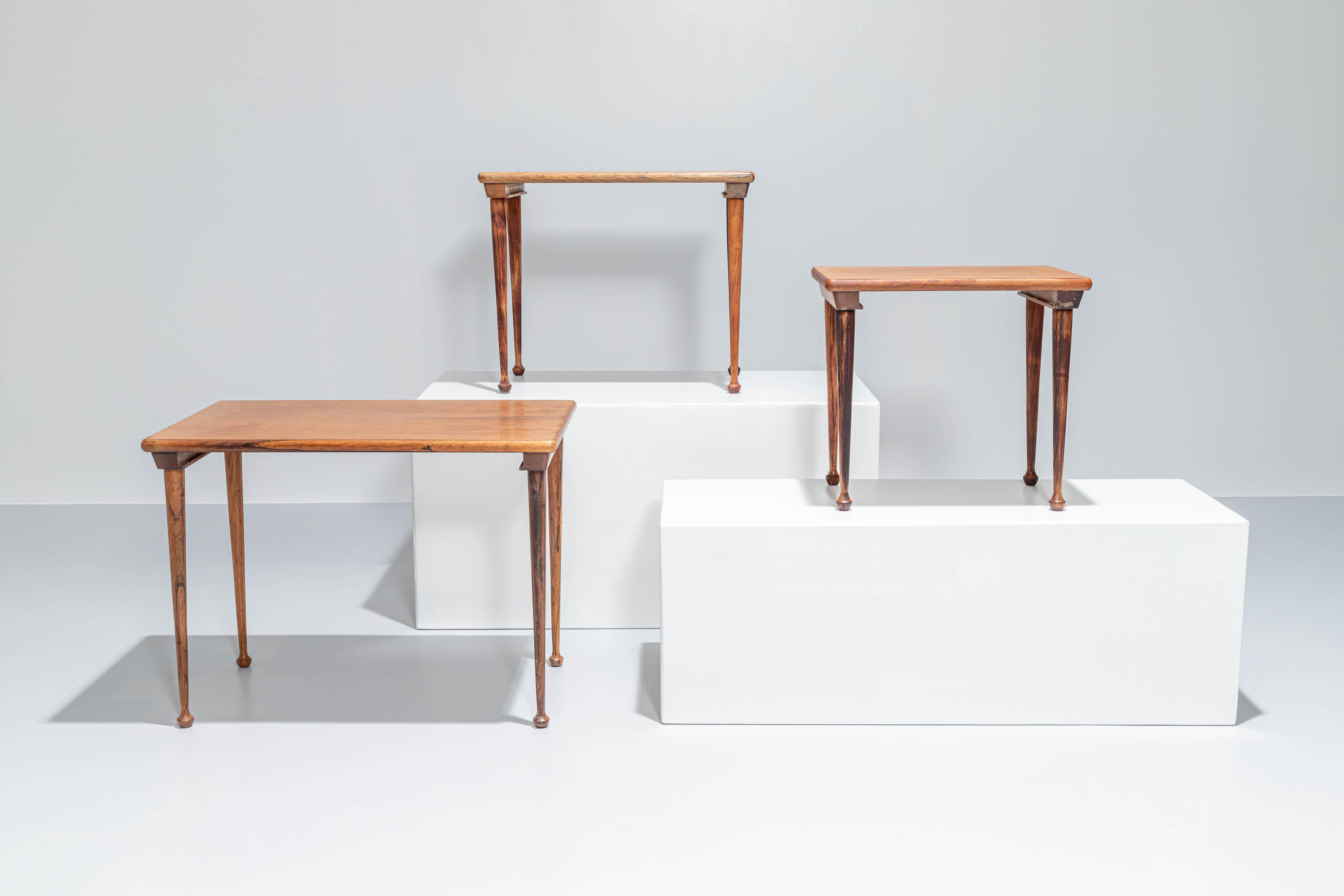 Mid-20th Century Set of 3 Nesting Tables with Stubby Feet in Rosewood, Denmark, 1960's