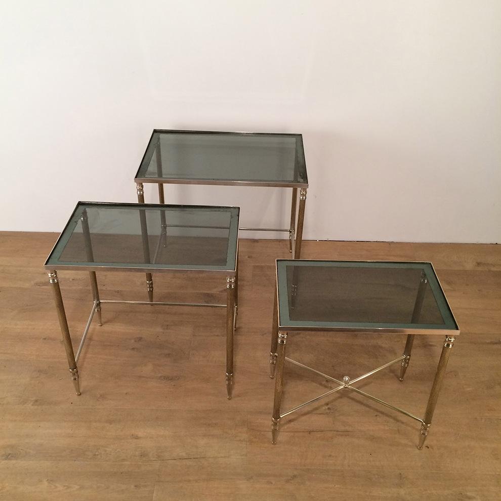 French Set of 3 Nickel Nesting Tables, Circa 1960