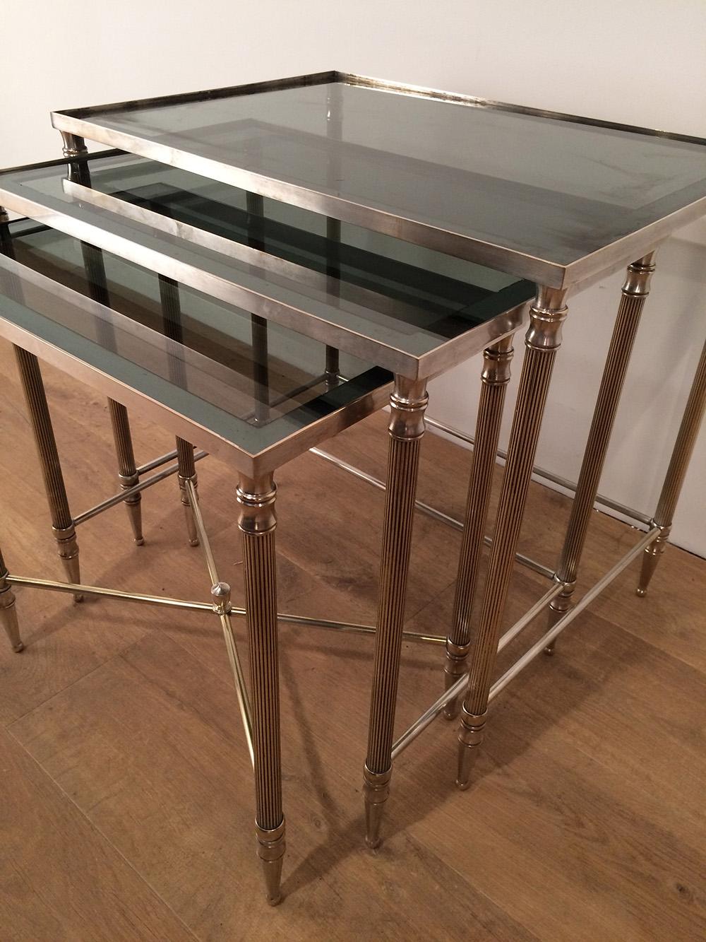 Silver Plate Set of 3 Nickel Nesting Tables, Circa 1960