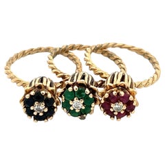 Set of 3 Open Tulip Vintage Rings Diamond Emerald Sapphire Ruby 14K Yellow Gold