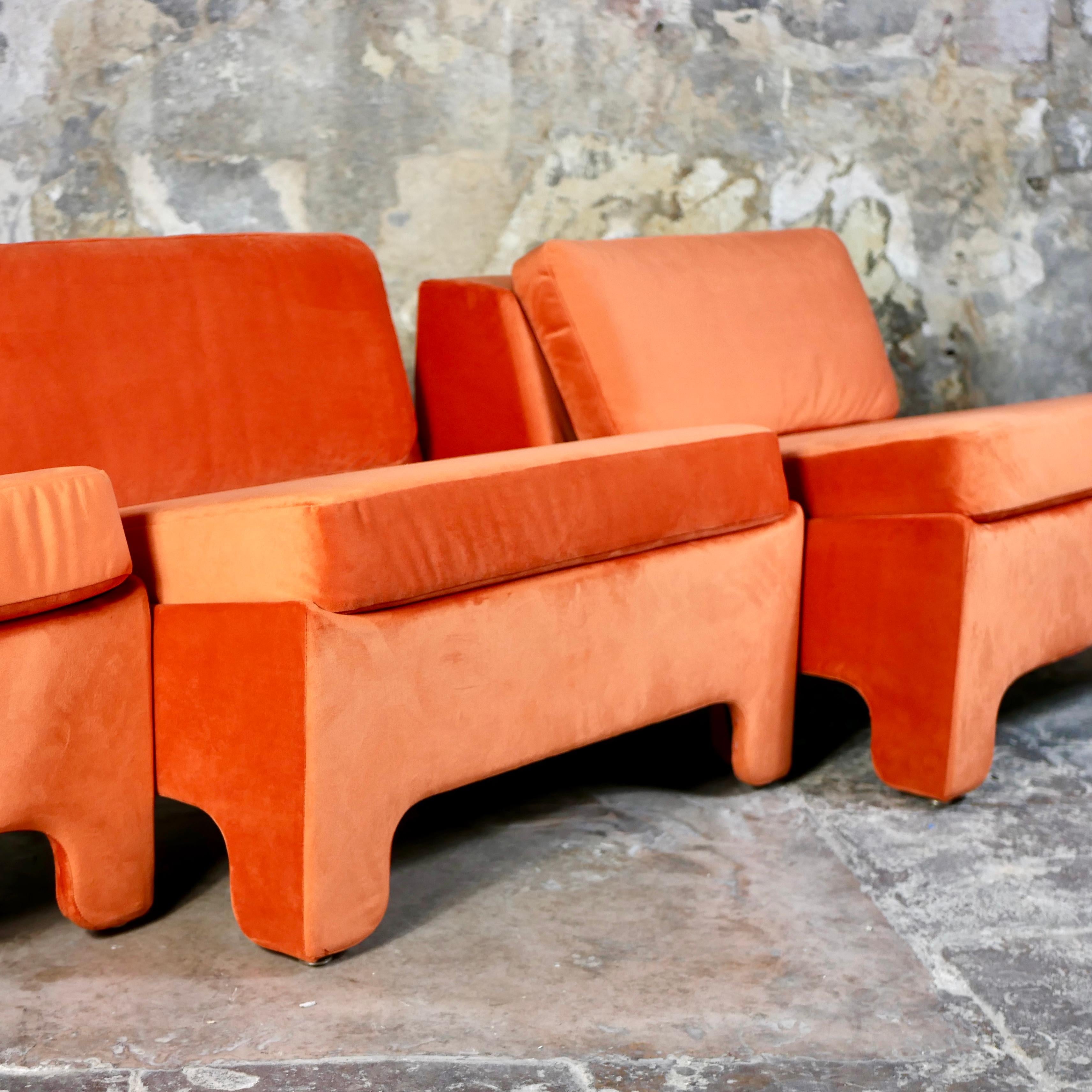 Set of 3 orange velvet armchairs by Beaufort, made in Belgium, 1970s 3