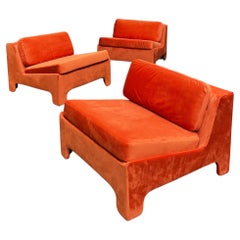 Juego de 3 sillones de terciopelo naranja de Beaufort, fabricados en Bélgica, años 70