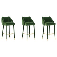 Lot de 3 tabourets de bar en velours vert organique et laiton fait main Greene & Greene par InsidherLand