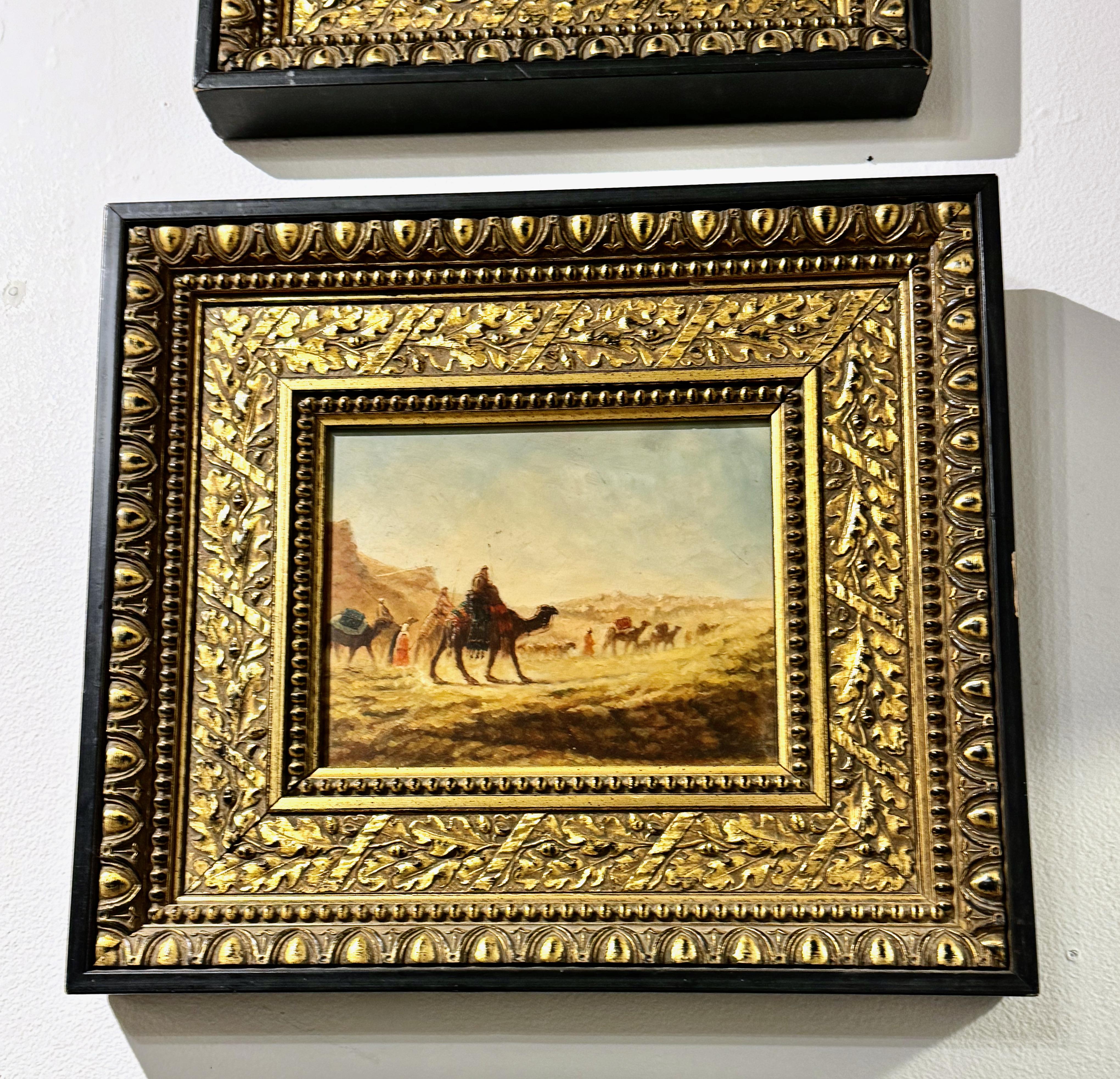This is a highly decorative pair of Orientalist oil-on-board paintings that date to the late 19th century. Although the paintings are not signed, they appear to be painted by the same artist in a semi-impressionistic plein air style. Both paintings