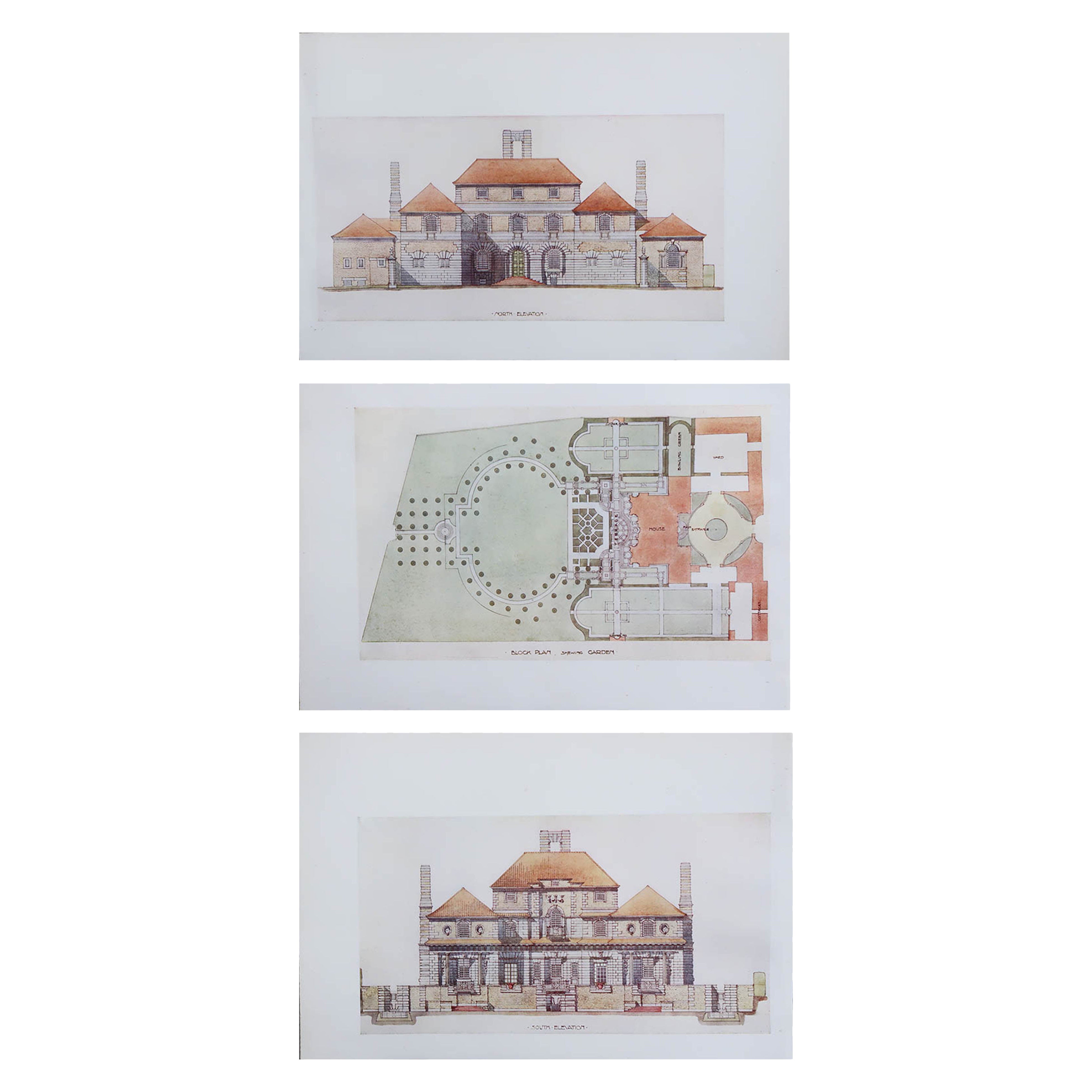 Ensemble de 3 tirages anciens originaux de dessins d'architecture par A.L.Lutyens. 1906 en vente