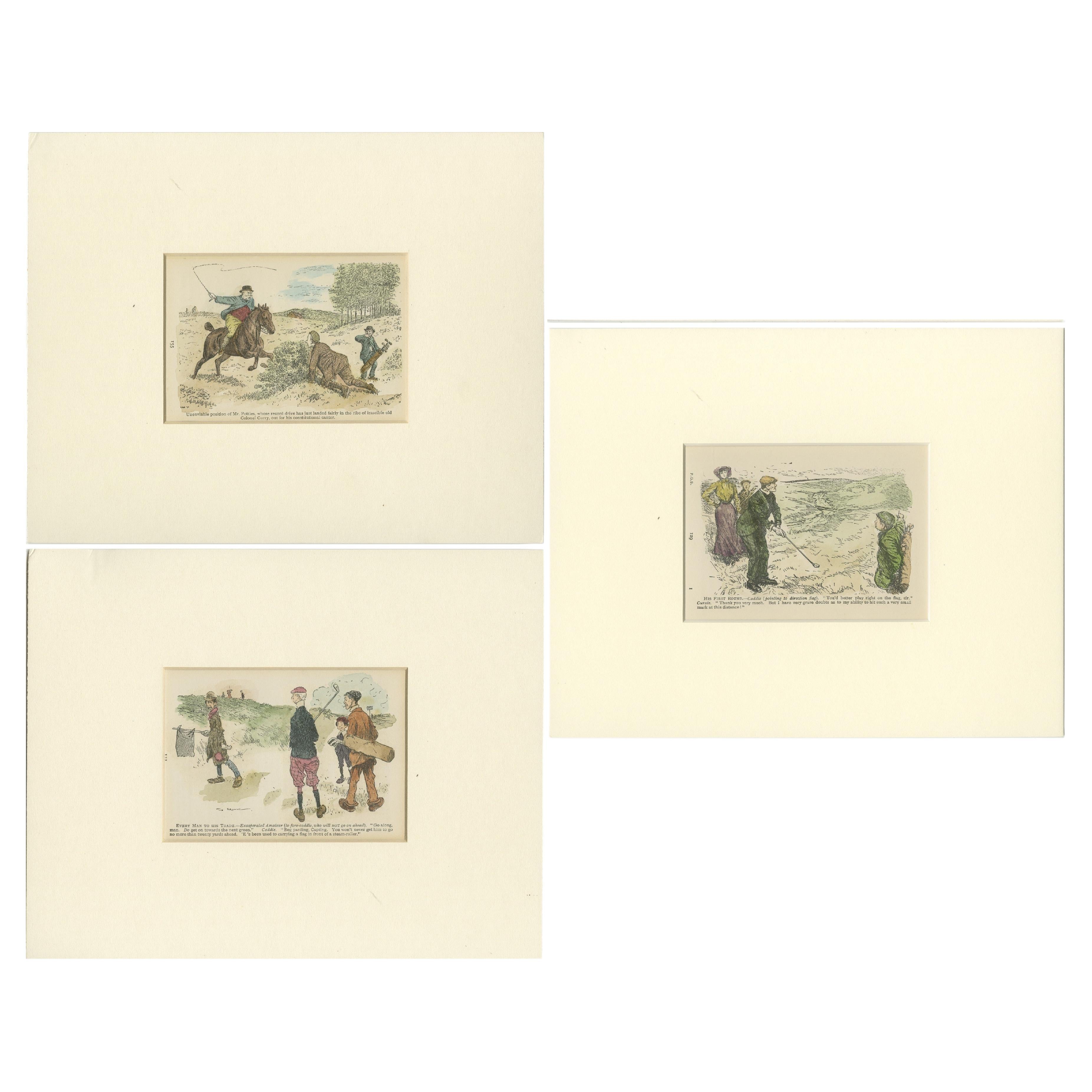 Set von 3 originalen antiken Drucken von Golfszenen