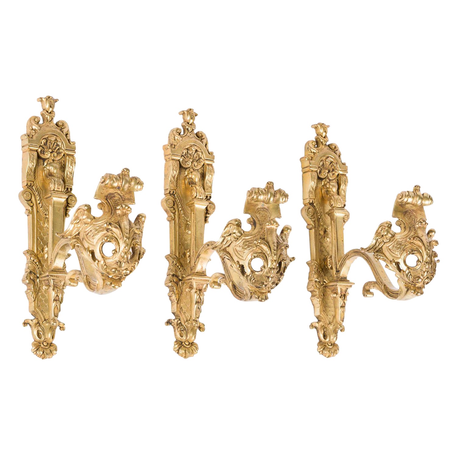 Set di 3 ganci per tende in bronzo dorato in stile Luigi XV