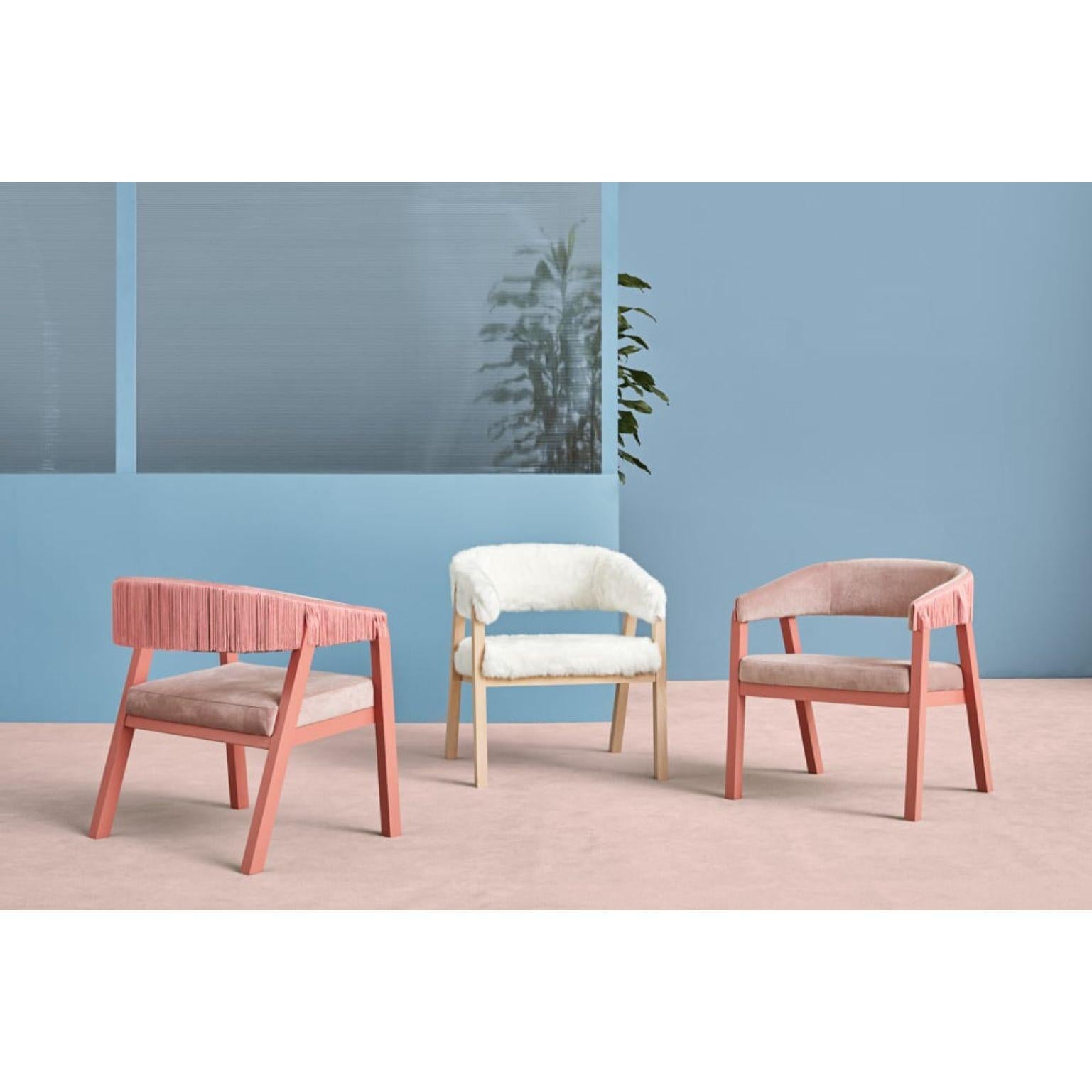 A Set of 3 Oslo armchairs - Arctic fox throw & pink by Pepe Albargues
Dimensions: W65, D60, H73, Seat 44
Materials: Beech wood structure.
Foam CMHR (high resilience and flame retardant) for all our cushion filling systems

Also available: