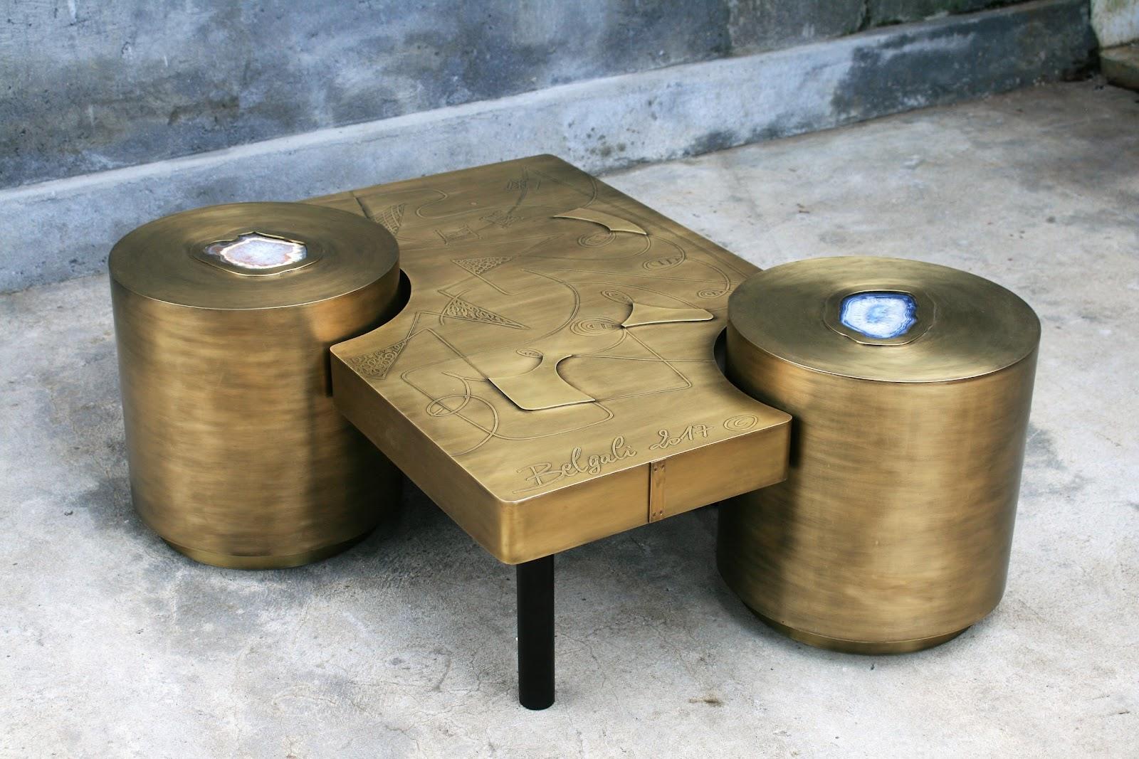 Set Of 3 Pac Man Brass Coffee Tables by Felix de Boussy, Brutalist Be
One Of A Kind
Dimensions: Table: D 65 x W 100 x H 41 cm.
Tube: Ø 40 cm x H 35 cm.
Materials: Brass and agate stone.

Also available in copper and in matte, glossy or