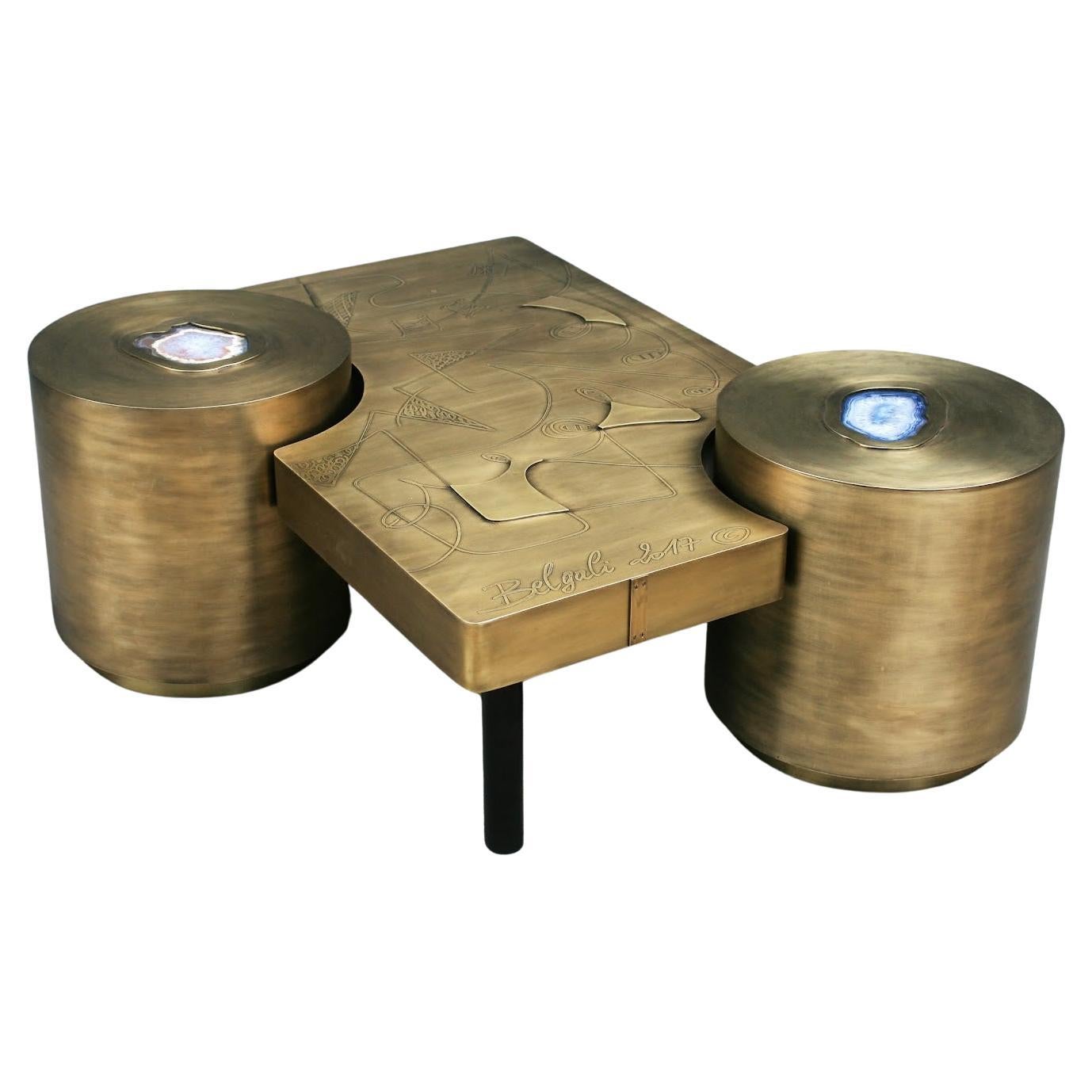 Set Of 3 Pac Man Brass Coffee Tables by Brutalist Be For Sale