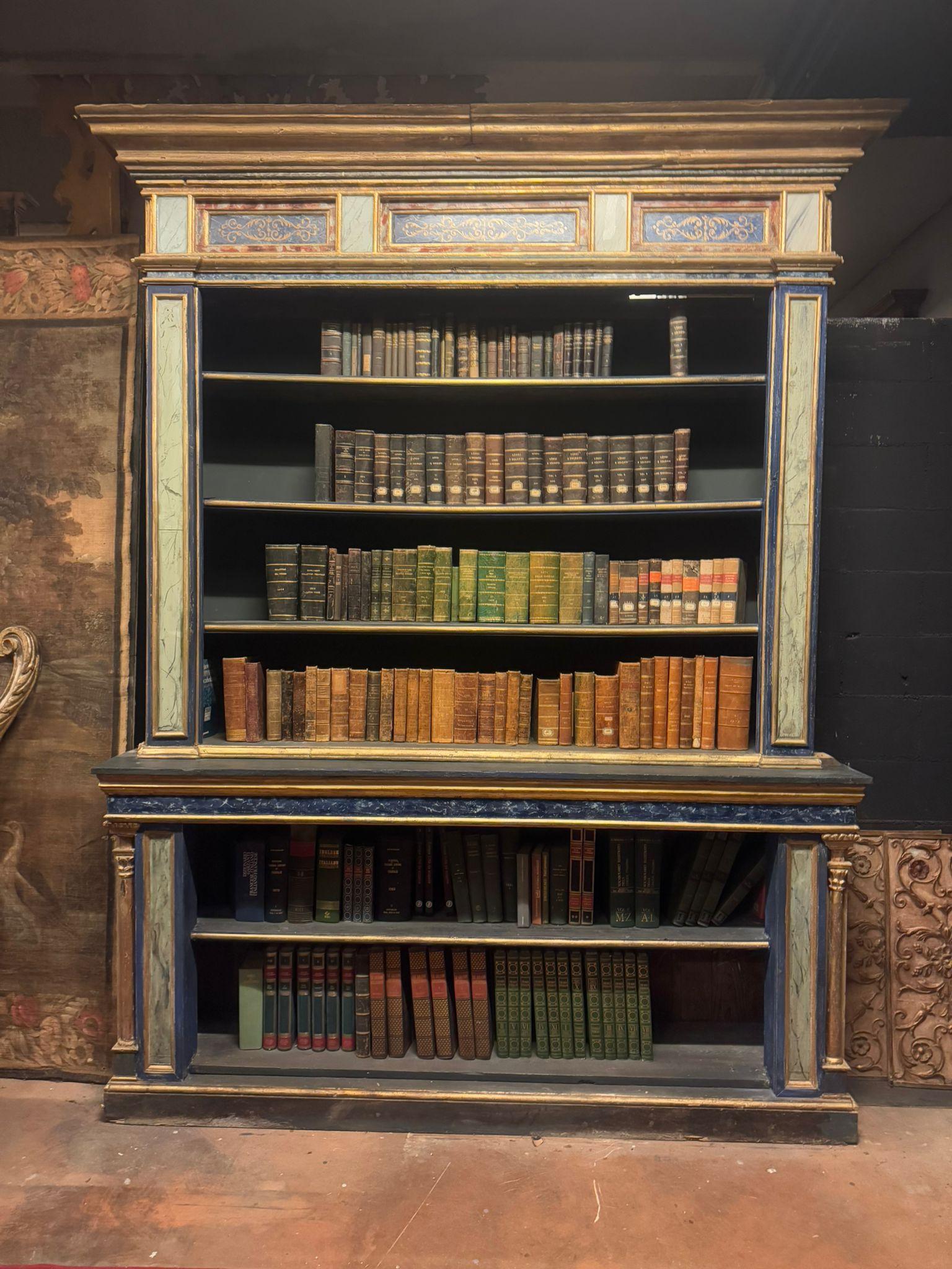 Antique and incredible set of 3 bookcases, large painted wooden furniture decorated in fake marble on glass, They have golden moldings with fake marble effect lacquering, two have a base with a pair of sculpted lateral columns while one has sculpted