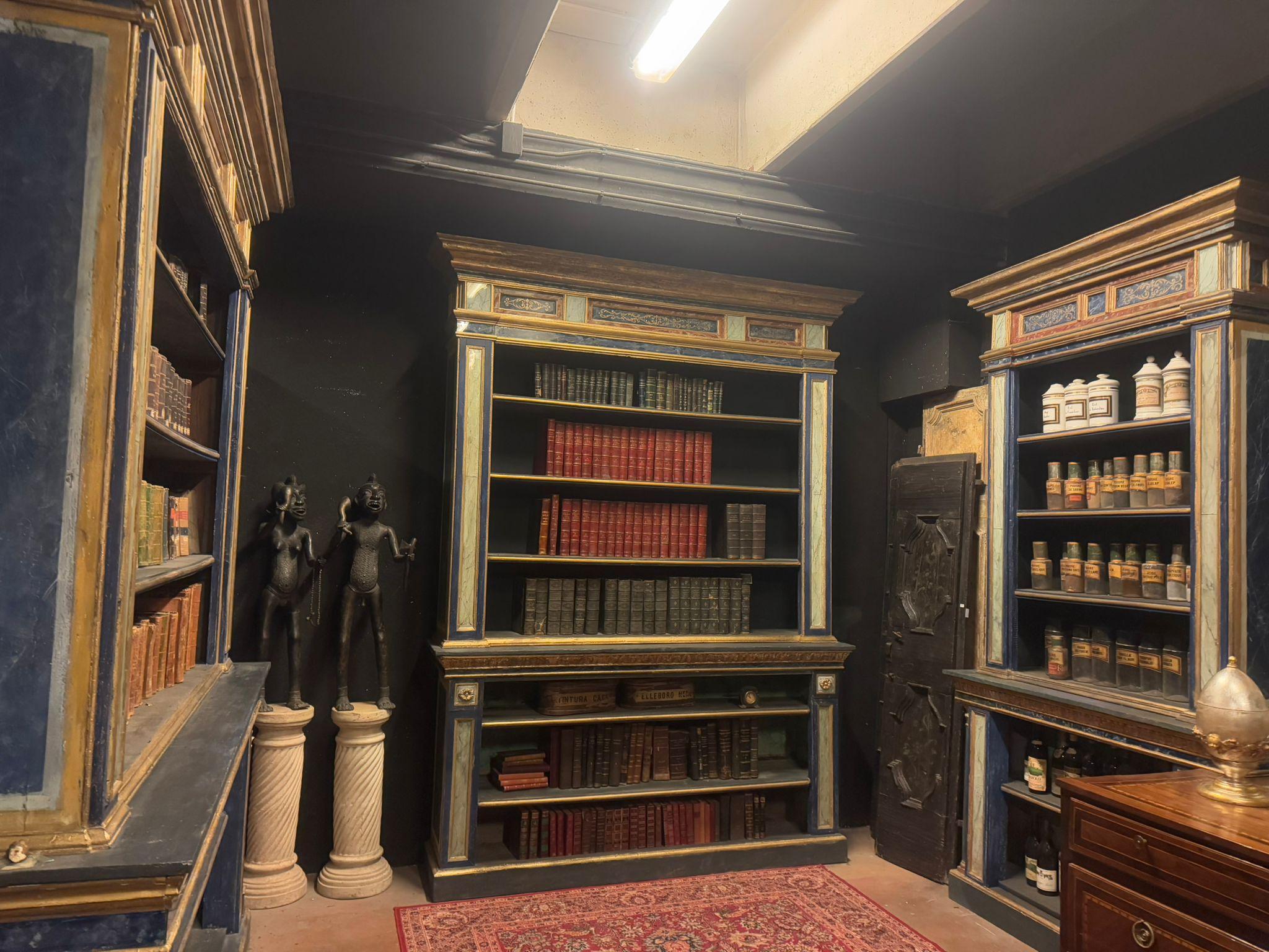 Hand-Painted set of 3 painted wooden bookcases decorated with fake marble on glass, Italy For Sale