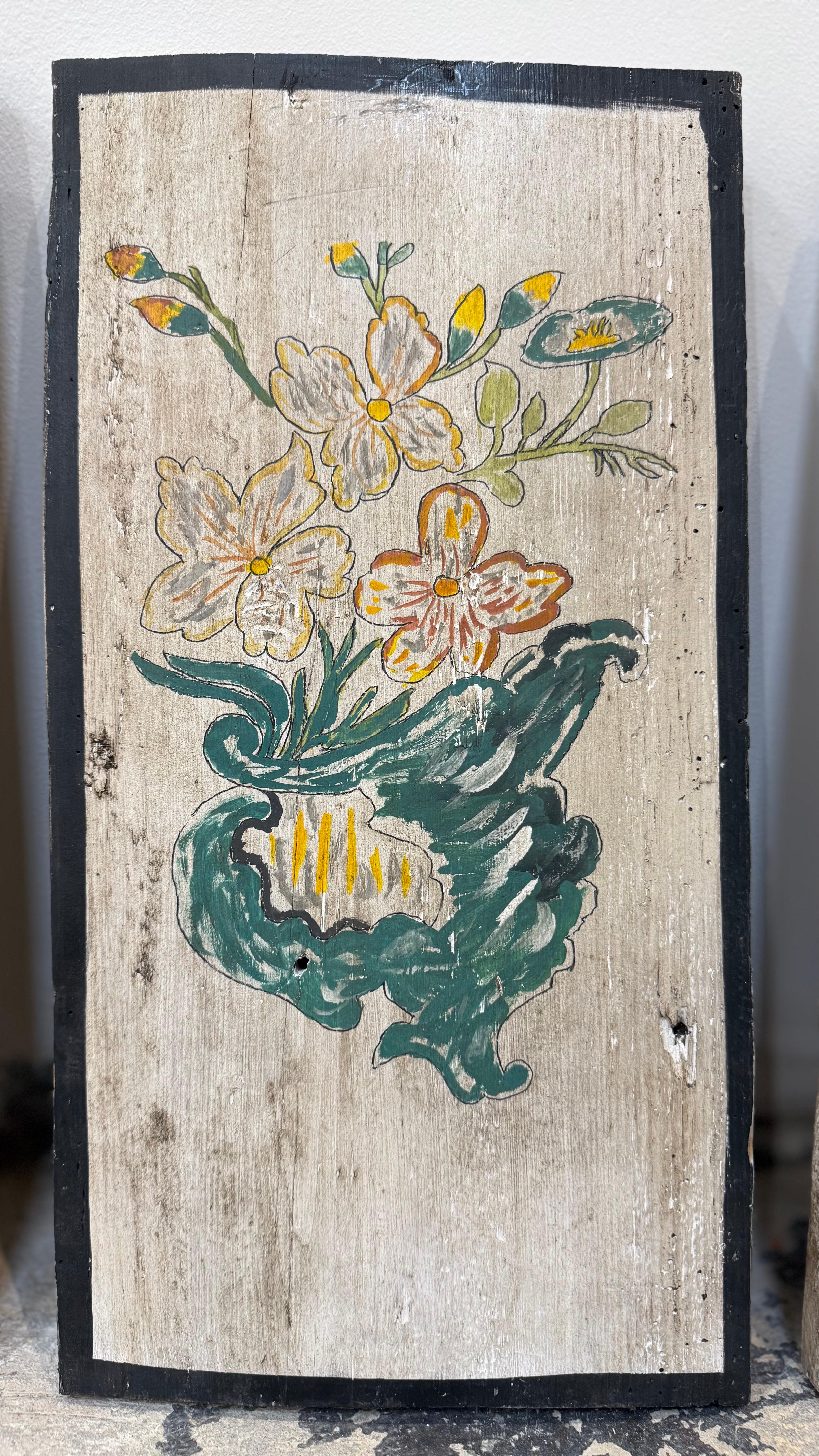 Satz von 3 bemalten Holztafeln mit Blumen/Töpferei (Italienisch) im Angebot