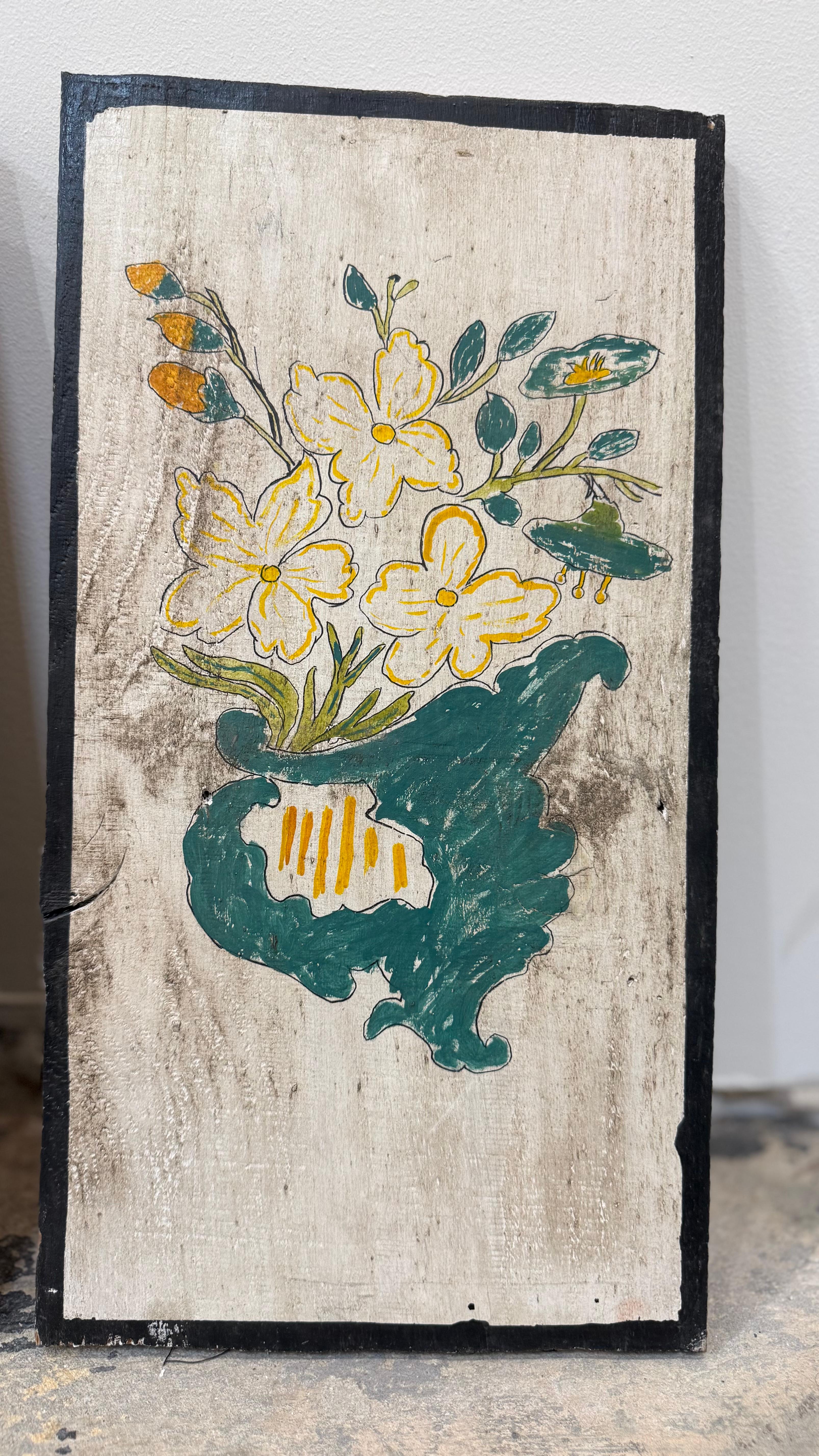 Satz von 3 bemalten Holztafeln mit Blumen/Töpferei (Handbemalt) im Angebot