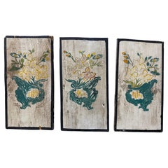 Satz von 3 bemalten Holztafeln mit Blumen/Töpferei