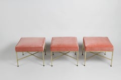 Set of 3 Paul McCobb Brass X Frame Ottomans or Stools - Holly Hunt Salmon Velvet