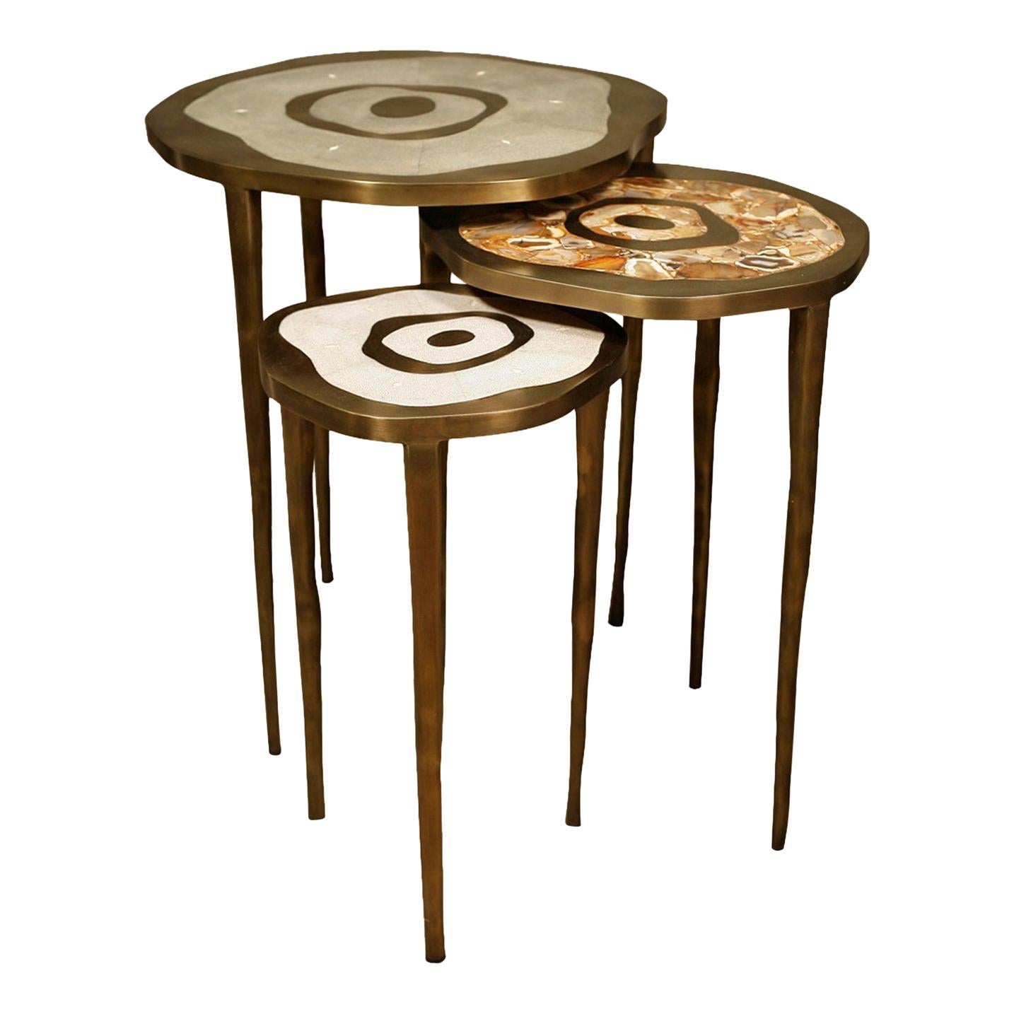 Set of 3 Peacock II Nesting Side Tables in Shagreen & Brass by R&Y Augousti