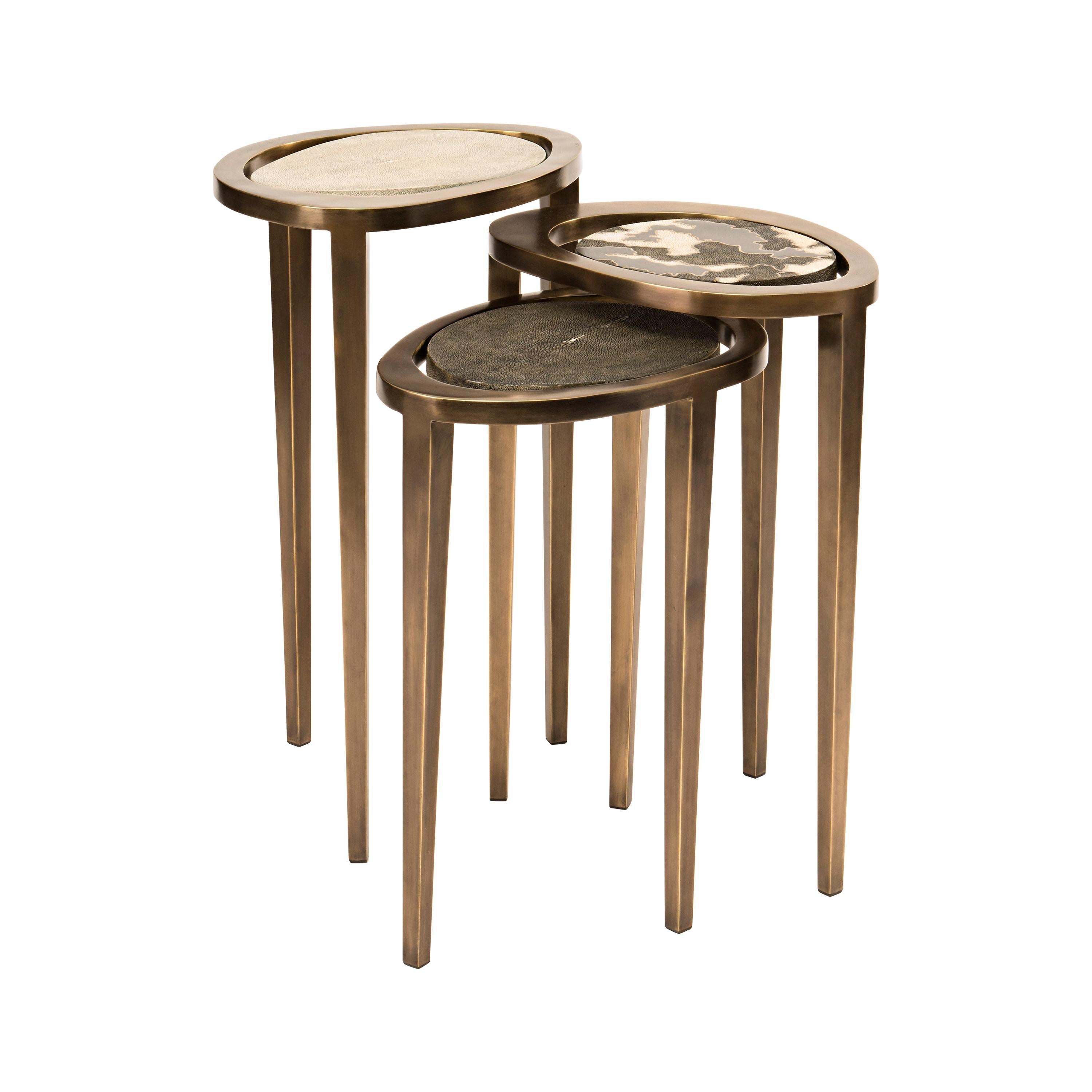 Set of 3 Peacock Nesting Side Tables in, Shagreen, Shell & Brass by R&Y Augousti For Sale