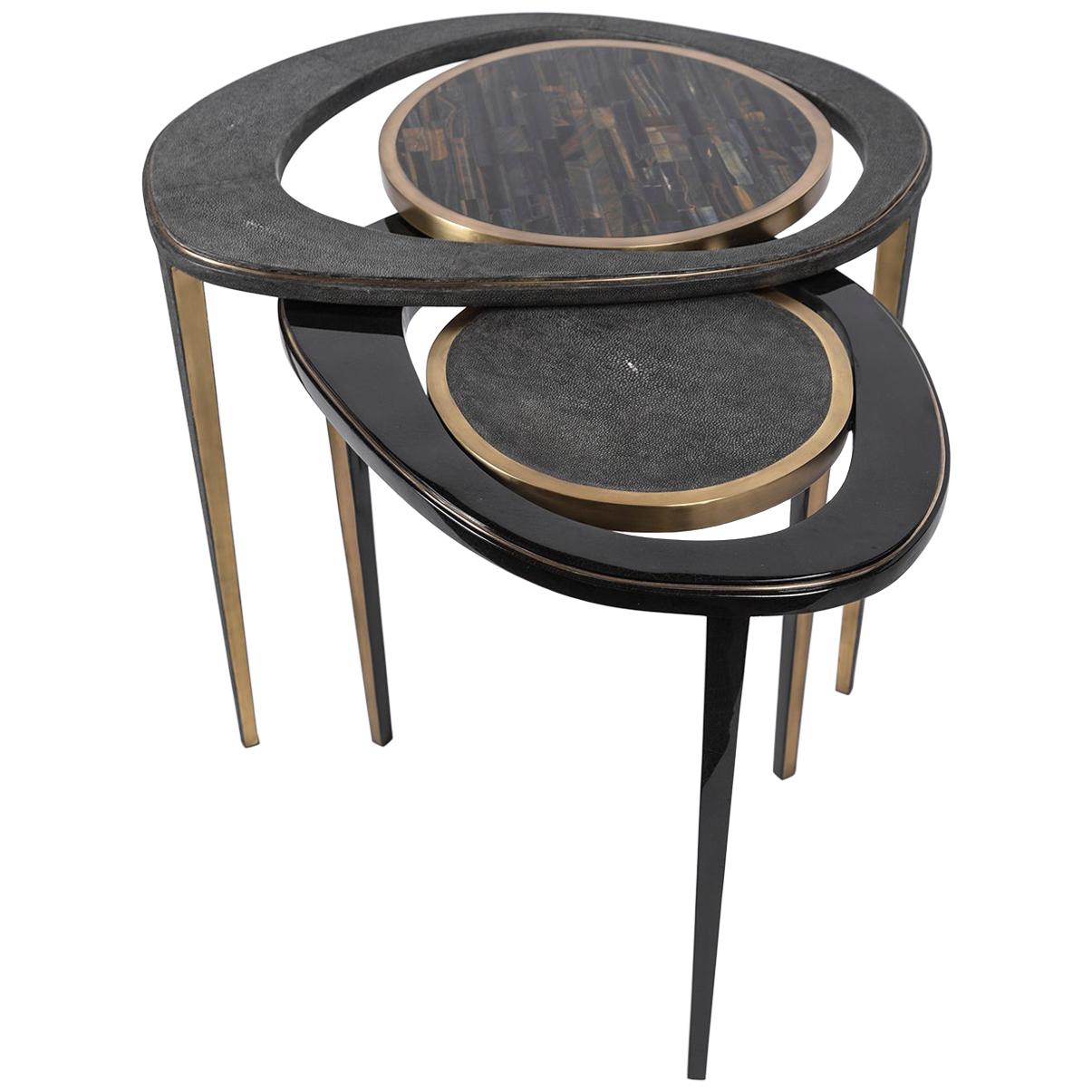 Art Deco Set of 3 Peacock Nesting Tables in Shagreen Hwana, and Brass by R&Y Augousti For Sale