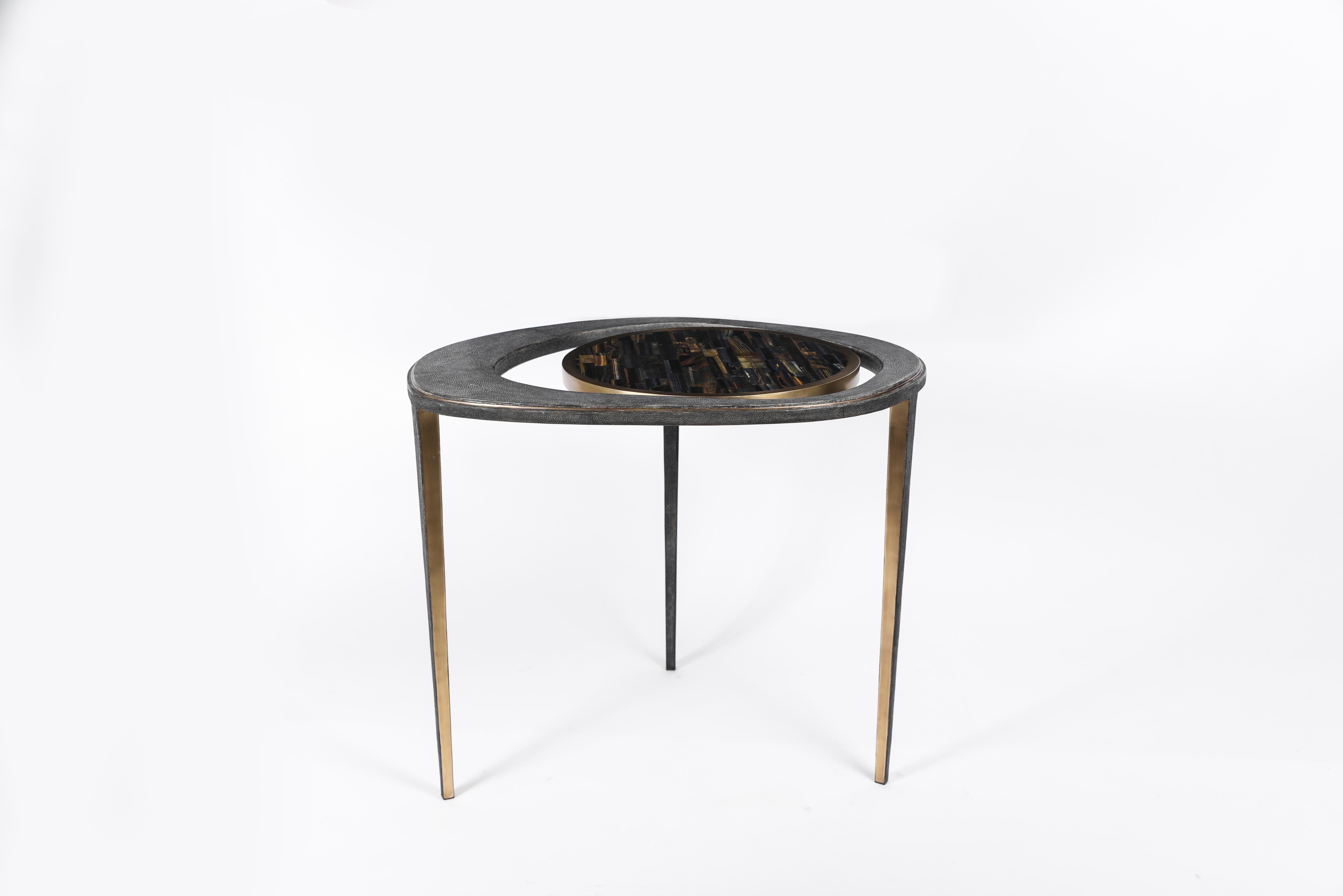 Contemporary Set of 3 Peacock Nesting Tables in Shagreen Hwana, and Brass by R&Y Augousti For Sale
