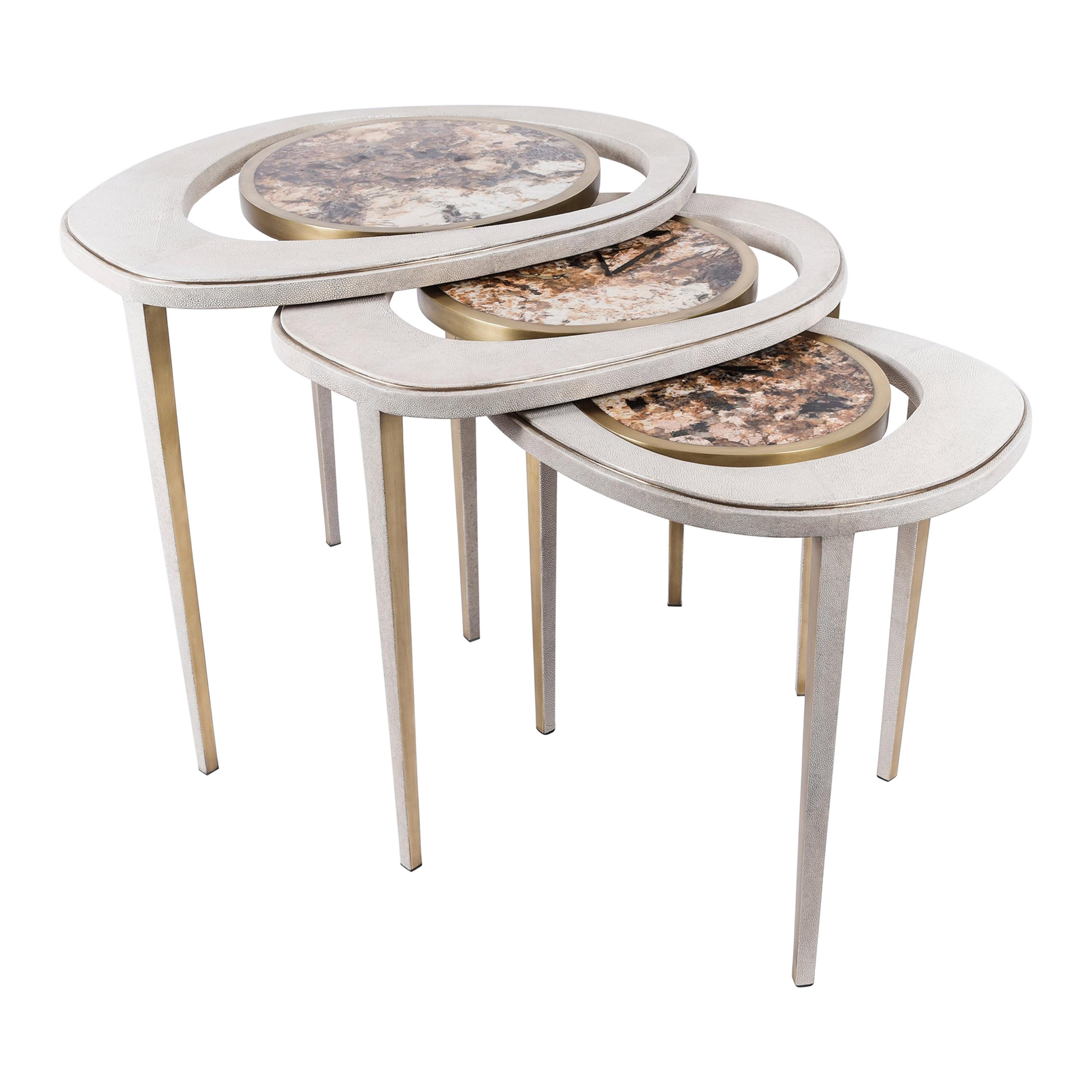 Set of 3 Peacock Nesting Tables in Shagreen Hwana, and Brass by R&Y Augousti For Sale