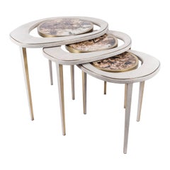 Set of 3 Peacock Nesting Tables in Shagreen Hwana, and Brass by R&Y Augousti