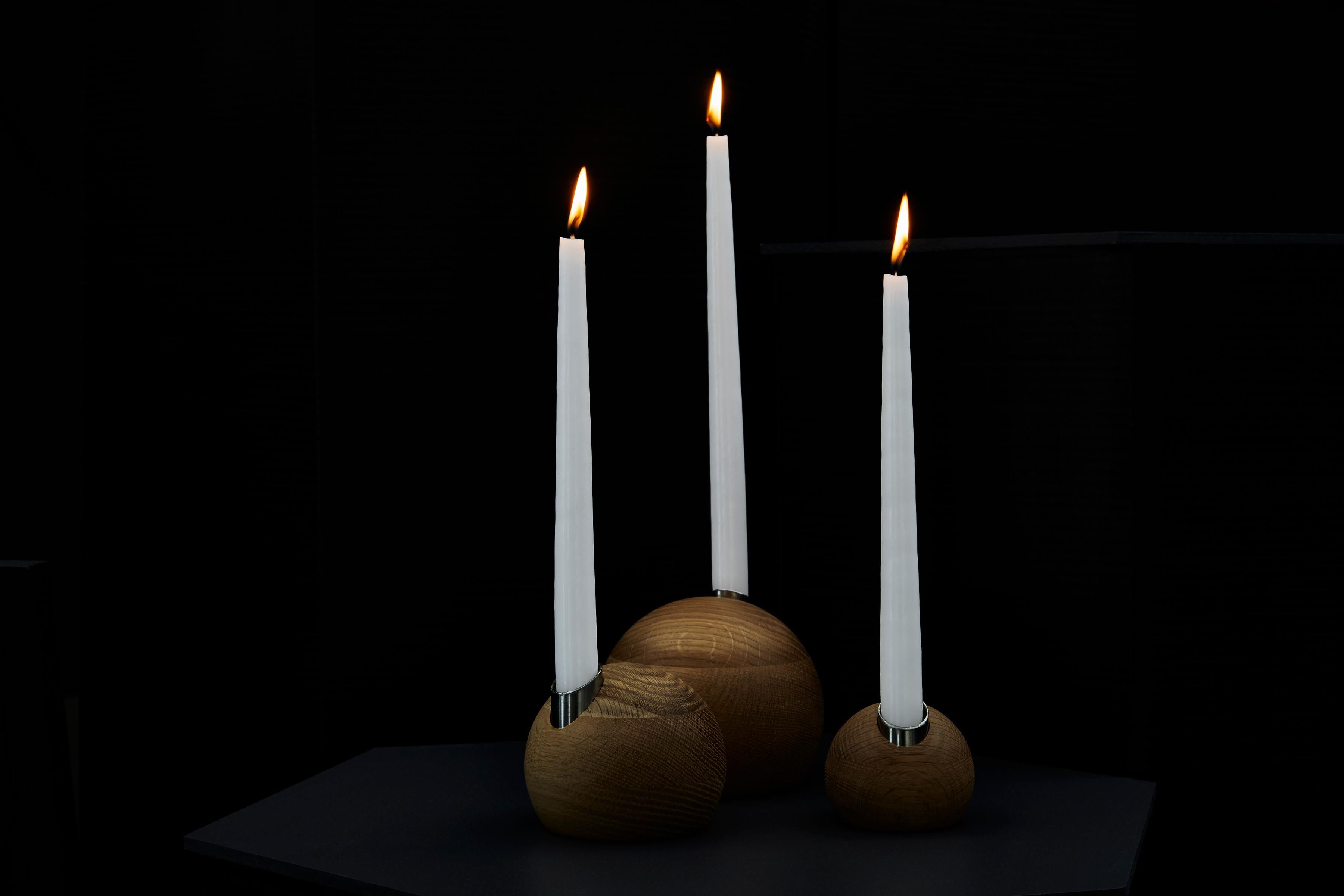 Oak Set of 3 Pebble Candle Holders by Hollis & Morris For Sale