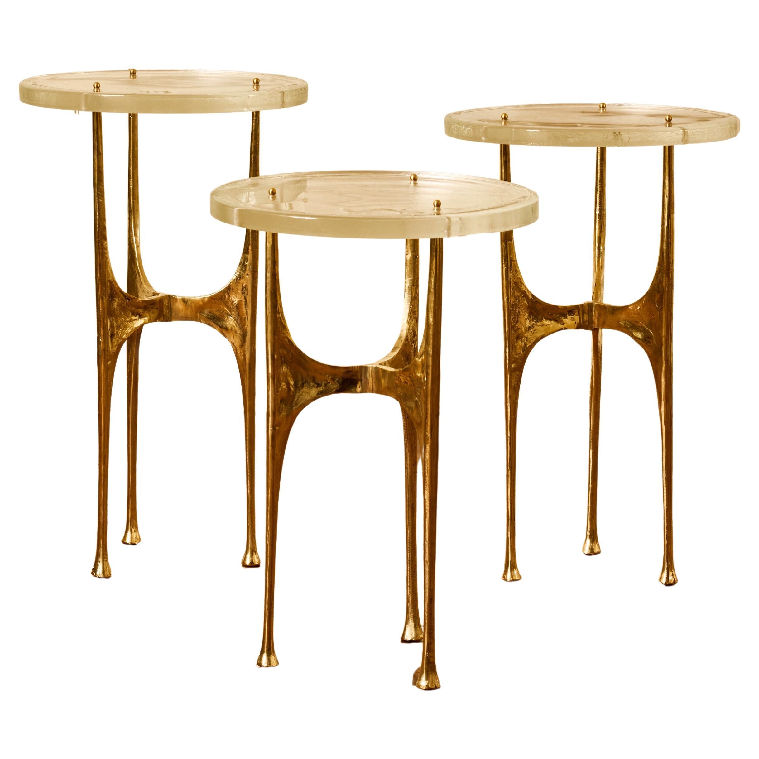 Set of 3 pedestals in gilt bronze by Studio Glustin For Sale