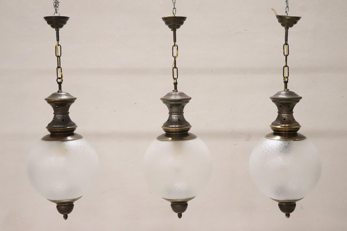 Italian Set of 3 Pendant Lamps in Brass and Glass, Italy 1960s For Sale