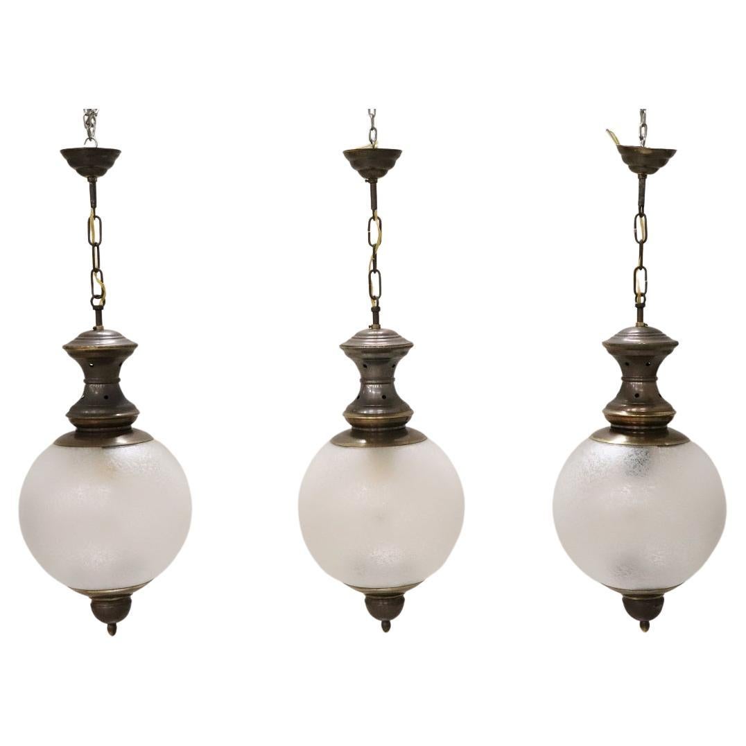 Set of 3 Pendant Lamps in Brass and Glass, Italy 1960s