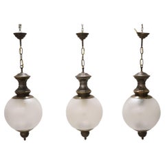 Set of 3 Pendant Lamps in Brass and Glass, Italy 1960s