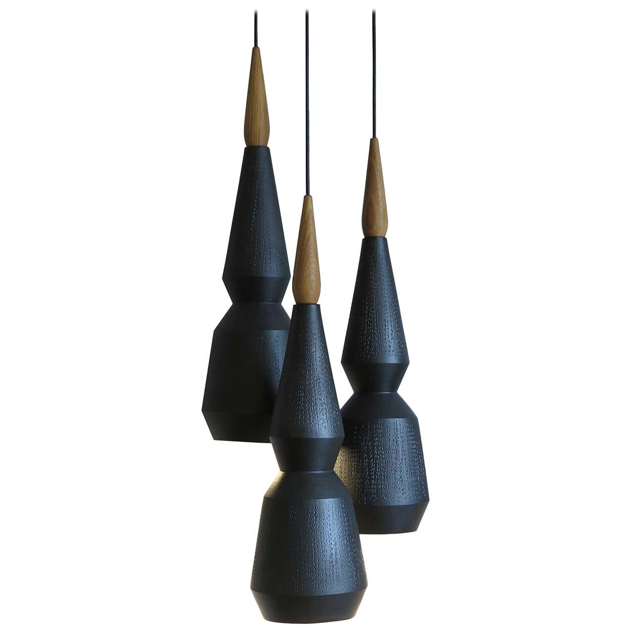 Set of 3 Pendant Lamps in Wood and Ceramics #3