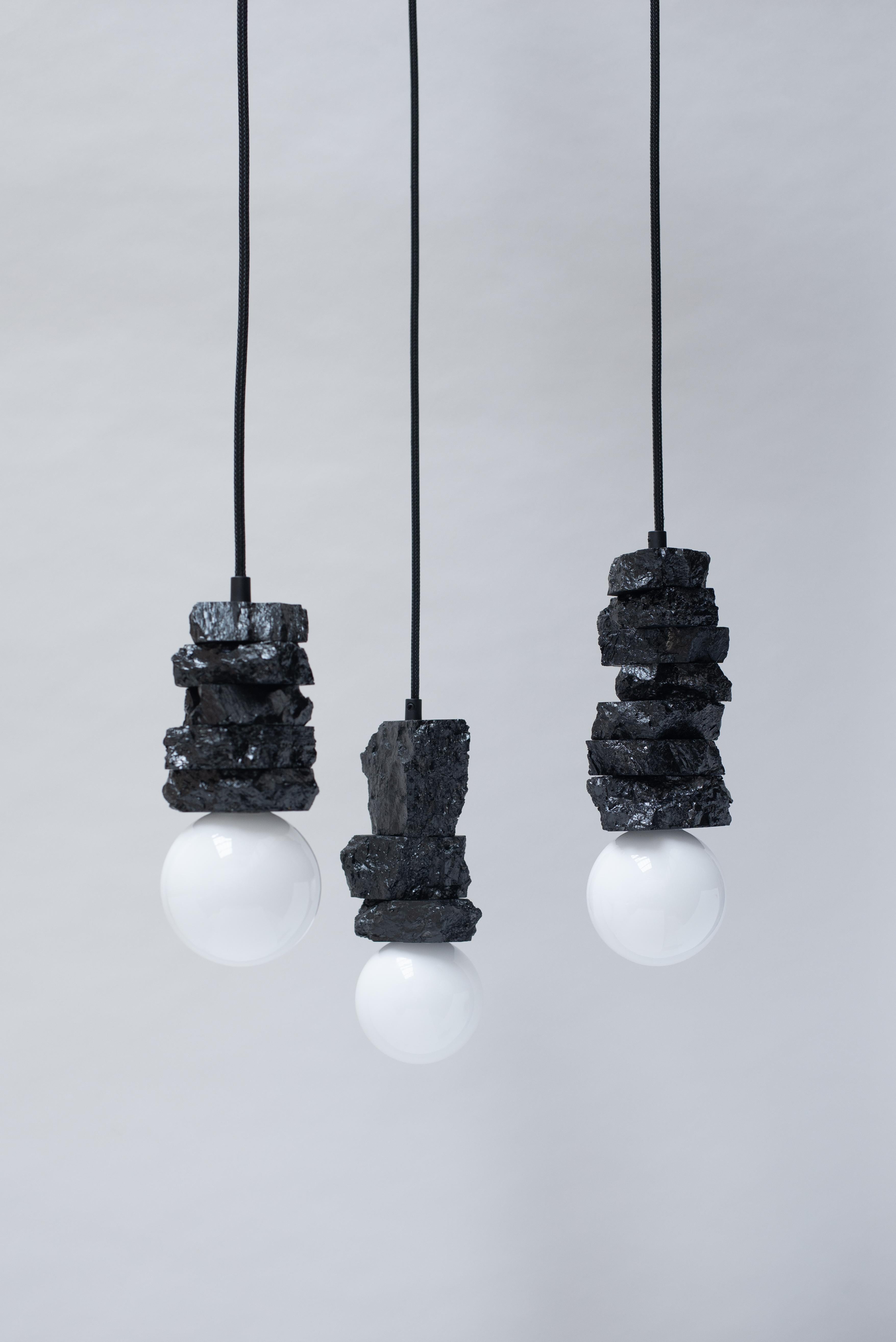 Set of 3 pendant lights 020 by Jesper Eriksson
Dimensions: D20 x H40 cm 
Materials: Anthracite coal, opal glass
Weight: 5 kg

All our lamps can be wired according to each country. If sold to the USA it will be wired for the USA for