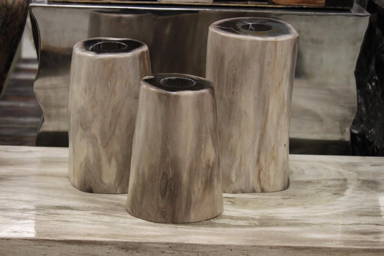 Set of 3 Petrified Wood Candleholders For Sale 4